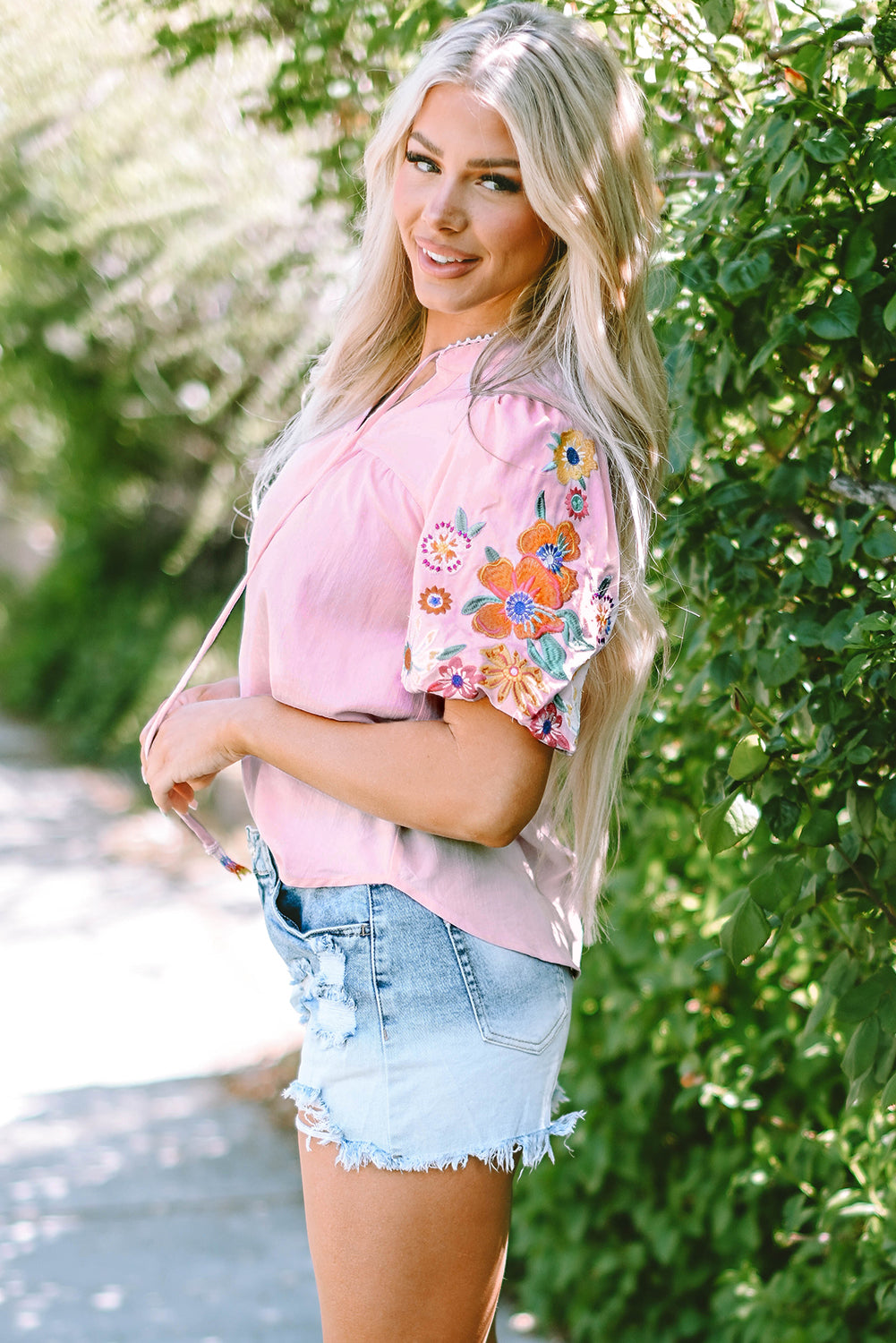 Clearly Aqua Floral Embroidered Puff Sleeve Split Neck Blouse-Tops/Blouses & Shirts-[Adult]-[Female]-2022 Online Blue Zone Planet