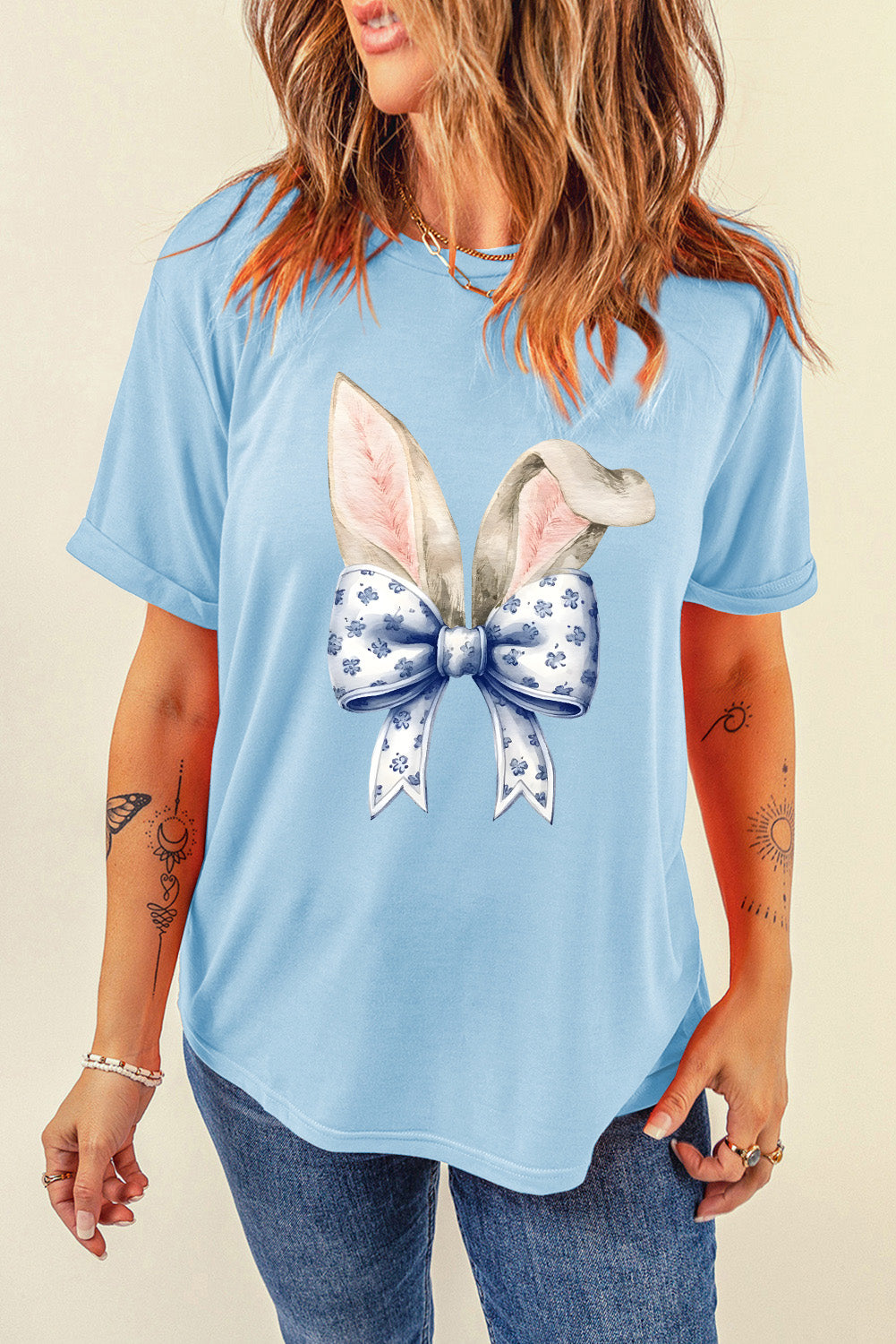 Light Blue Easter Bunny Ears Coquette Bow Graphic Tee-Graphic/Graphic Tees-[Adult]-[Female]-2022 Online Blue Zone Planet