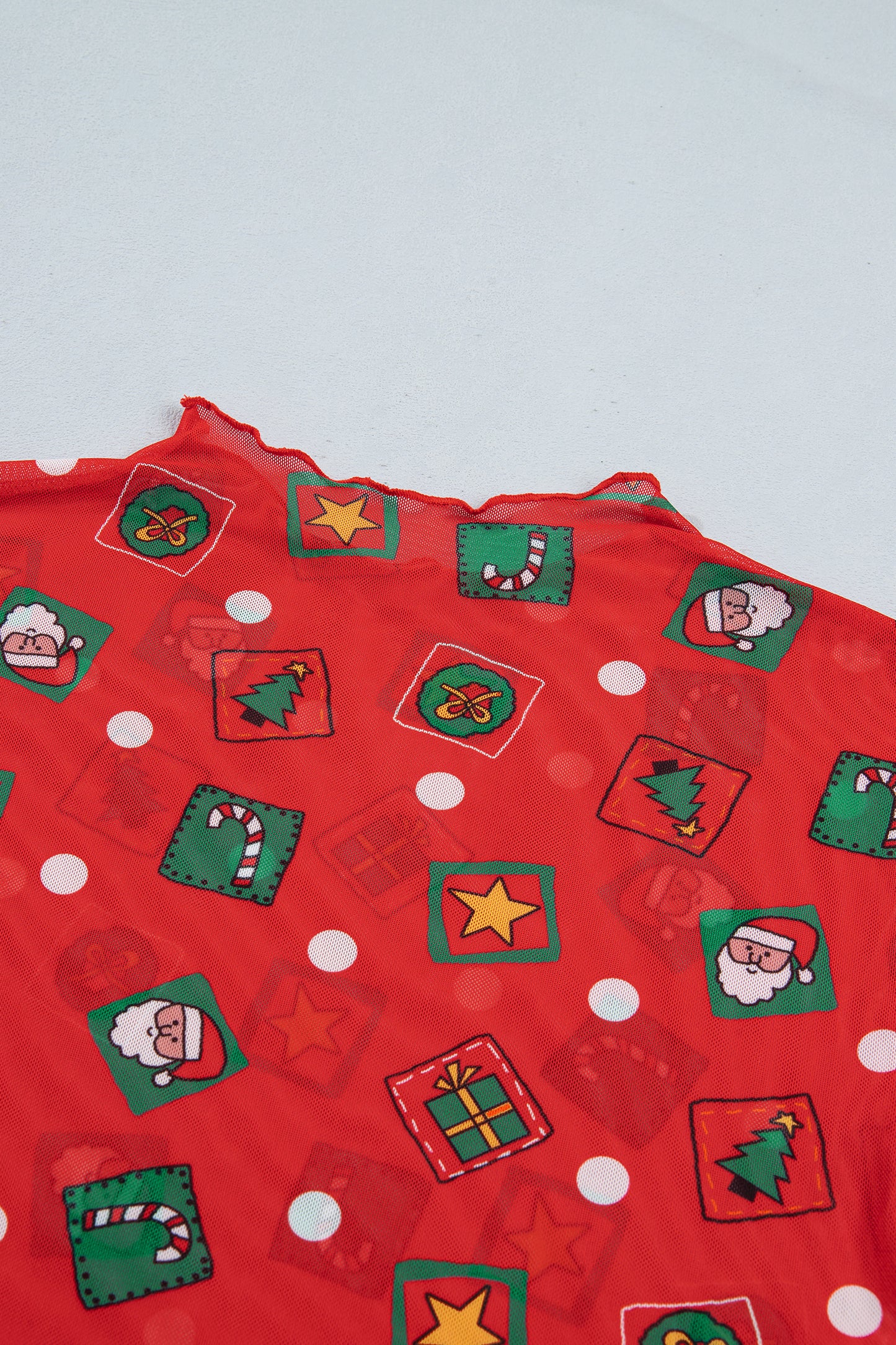 Fiery Red Christmas Elements Printed Long Sleeve Sheer Mesh Top