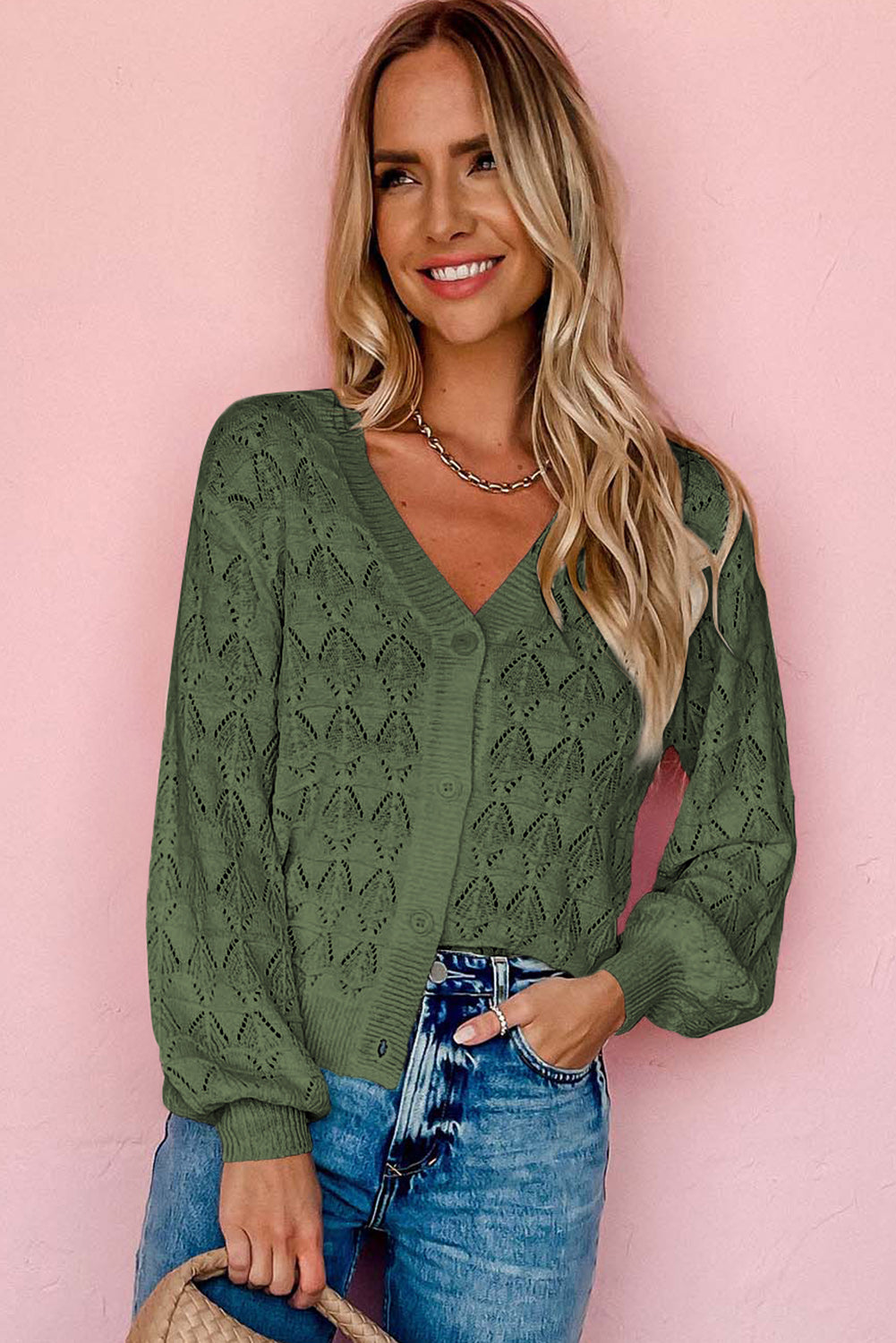 Green Lightweight Buttoned Front Crochet Cardigan-TOPS / DRESSES-[Adult]-[Female]-2022 Online Blue Zone Planet