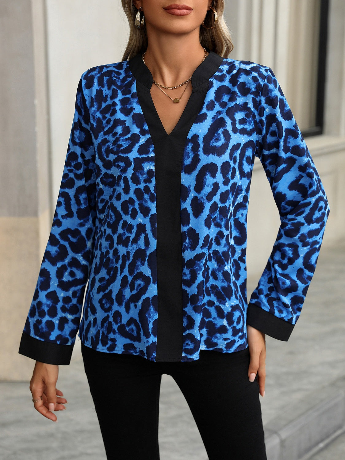 Leopard Notched Long Sleeve Blouse-TOPS / DRESSES-[Adult]-[Female]-Royal Blue-S-2022 Online Blue Zone Planet