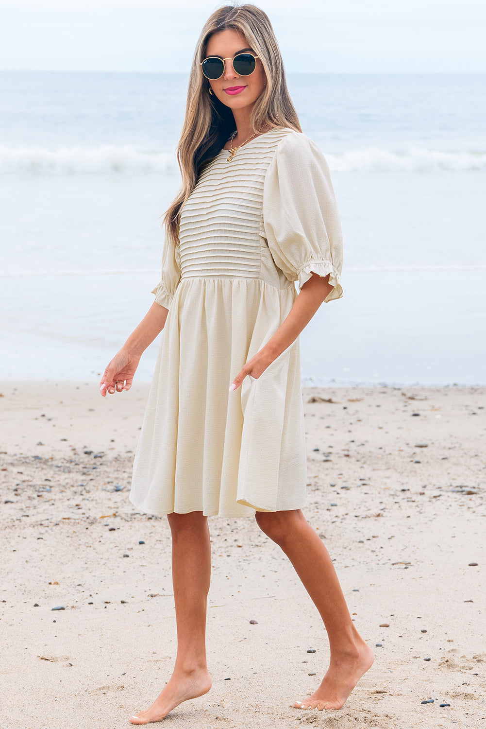 White Textured Ruffled Puff Sleeve Loose Dress-TOPS / DRESSES-[Adult]-[Female]-2022 Online Blue Zone Planet