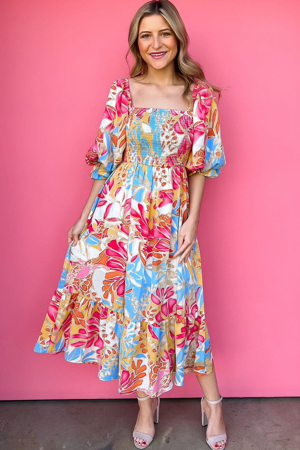 Rose Red Tropical Print Smocked Bodice Puff Sleeve Midi Dress-Midi Dresses-[Adult]-[Female]-2022 Online Blue Zone Planet