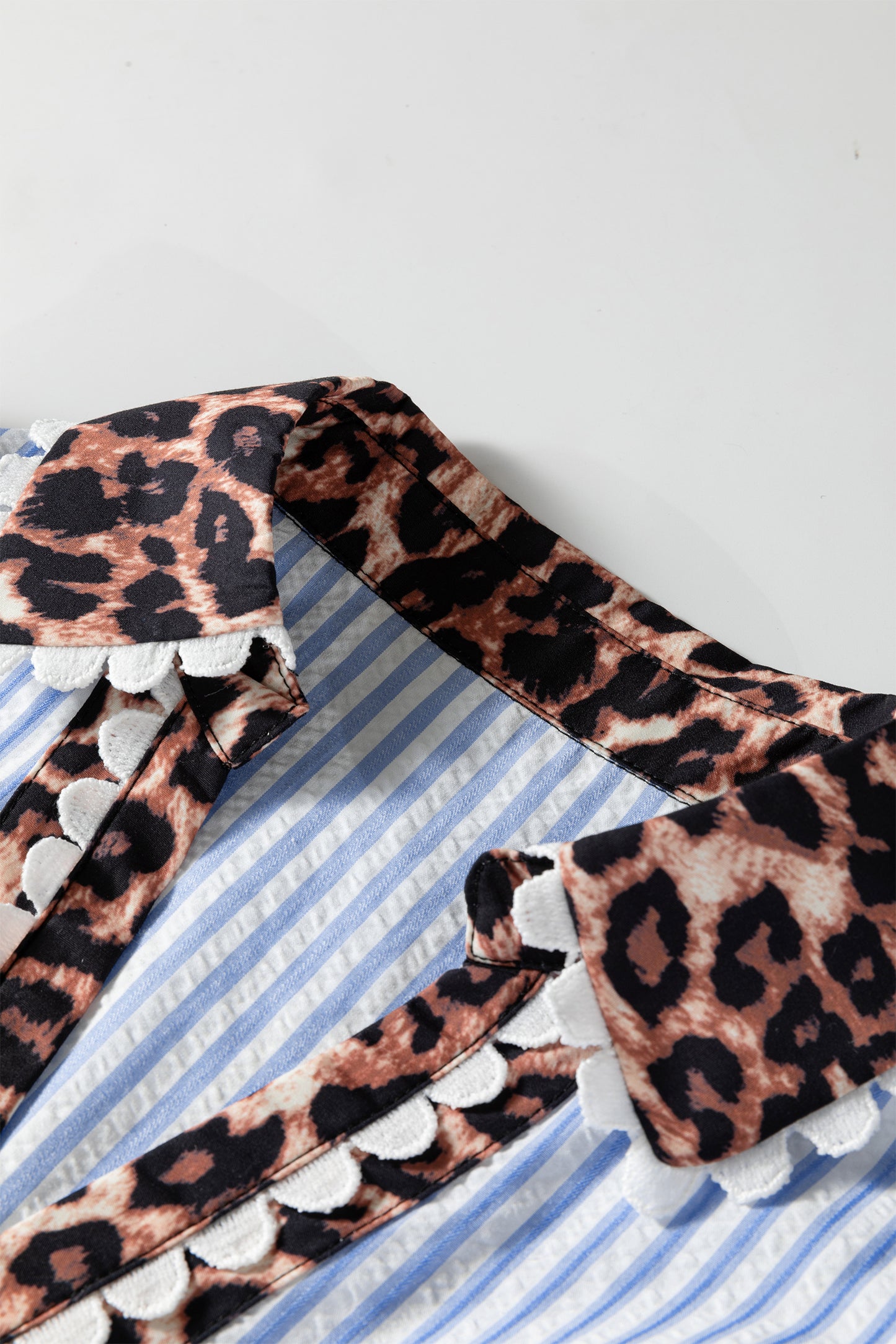 Sky Blue Stripe Ricrac Trim Short Puff Sleeve Leopard Patchwork Collar V Neck Blouse-Tops/Blouses & Shirts-[Adult]-[Female]-2022 Online Blue Zone Planet