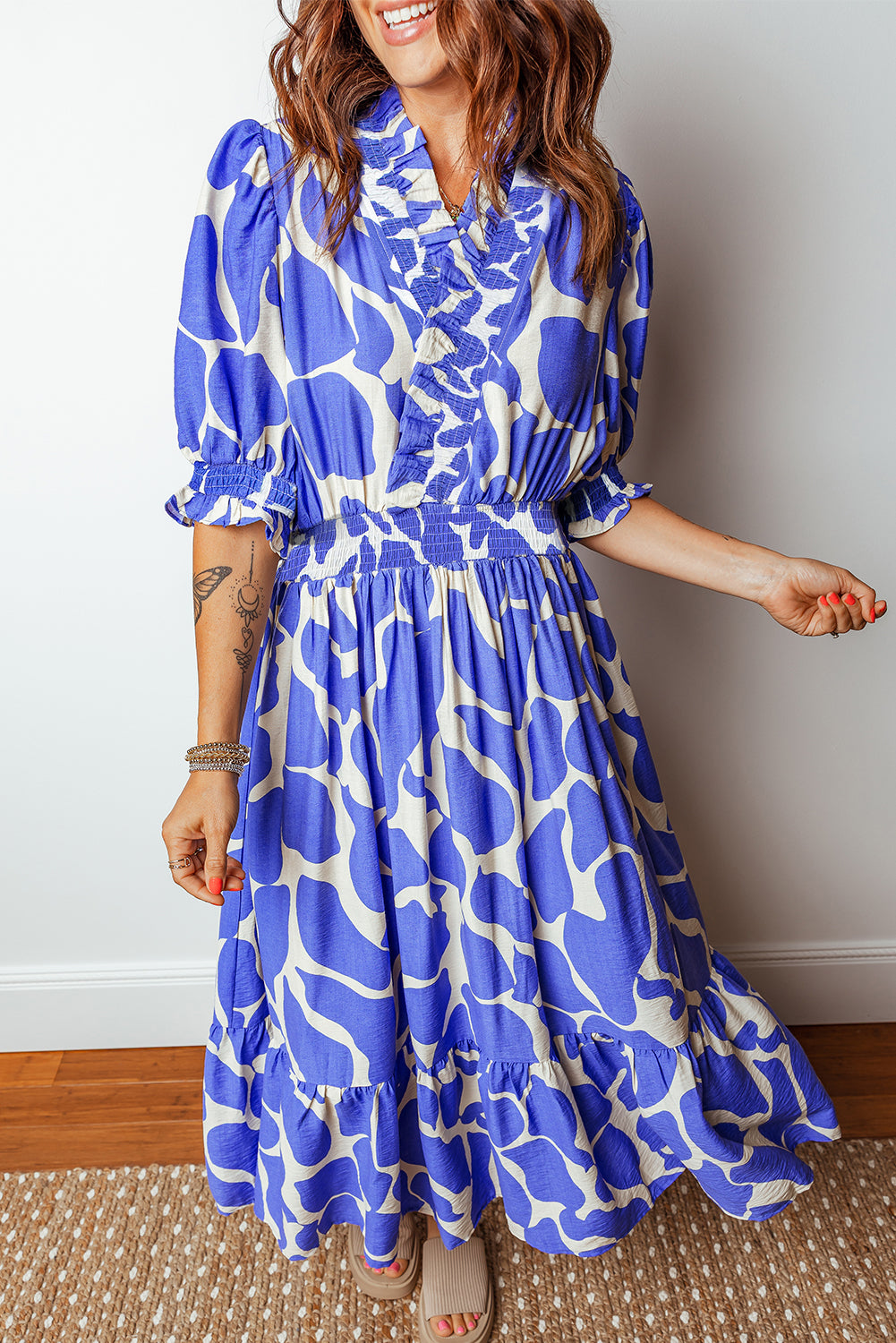 Sky Blue Abstract Print Smocked Waist Puff Half Sleeve Maxi Dress-TOPS / DRESSES-[Adult]-[Female]-2022 Online Blue Zone Planet