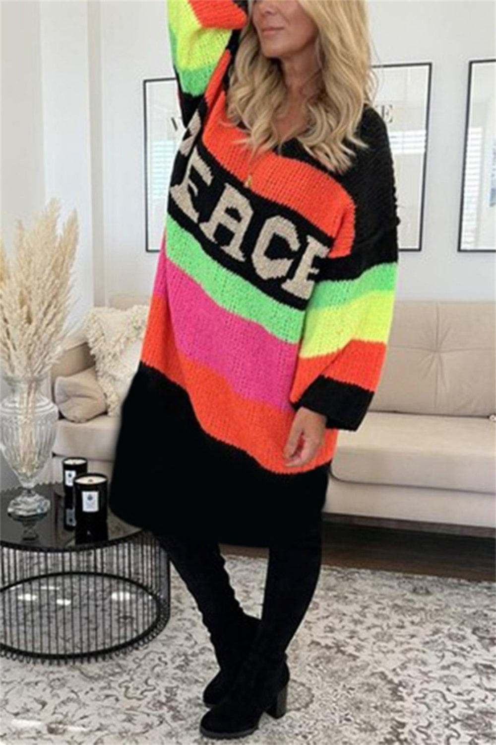 Color Block V-Neck Long Sleeve Sweater Dress-TOPS / DRESSES-[Adult]-[Female]-Black-S/M-2022 Online Blue Zone Planet