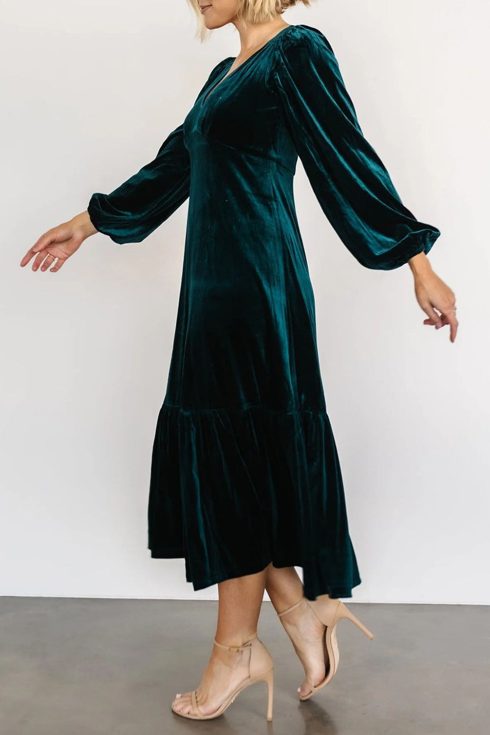 V-Neck Long Sleeve Midi Velvet Dress-TOPS / DRESSES-[Adult]-[Female]-2022 Online Blue Zone Planet