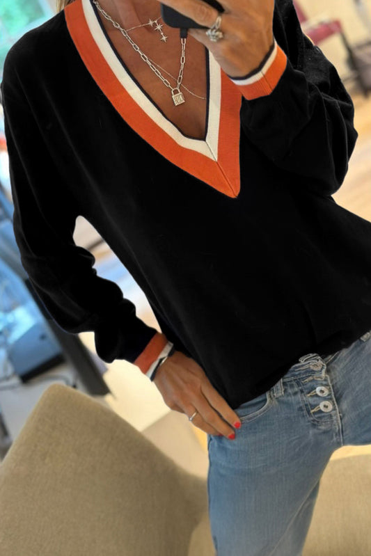Black Contrast Striped Trim V Neck Varsity Sweater-TOPS / DRESSES-[Adult]-[Female]-Black-S-2022 Online Blue Zone Planet