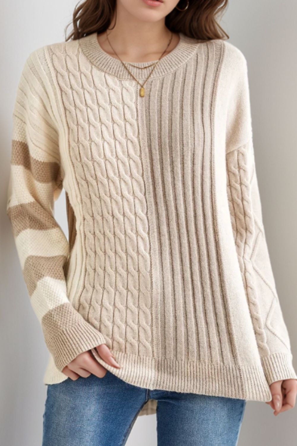 Cable-Knit Color Block Round Neck Sweater-TOPS / DRESSES-[Adult]-[Female]-Tan-S-2022 Online Blue Zone Planet