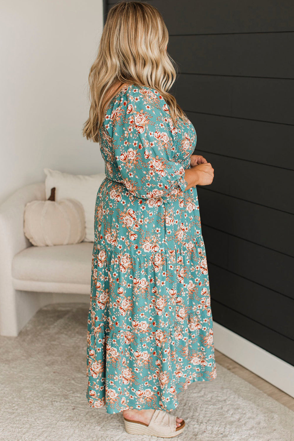 Green Plus Size Floral Print Square Neck Smocked Maxi Dress-Plus Size/Plus Size Dresses/Plus Size Maxi Dresses-[Adult]-[Female]-2022 Online Blue Zone Planet