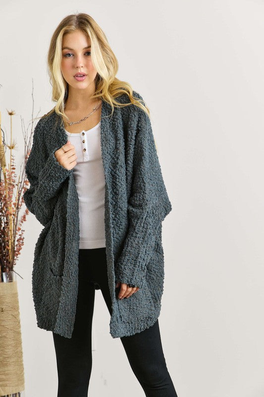 ADORA Popcorn Knit Open Front Long Sleeve Cardigan-TOPS / DRESSES-[Adult]-[Female]-DARK OLIVE-One Size-2022 Online Blue Zone Planet