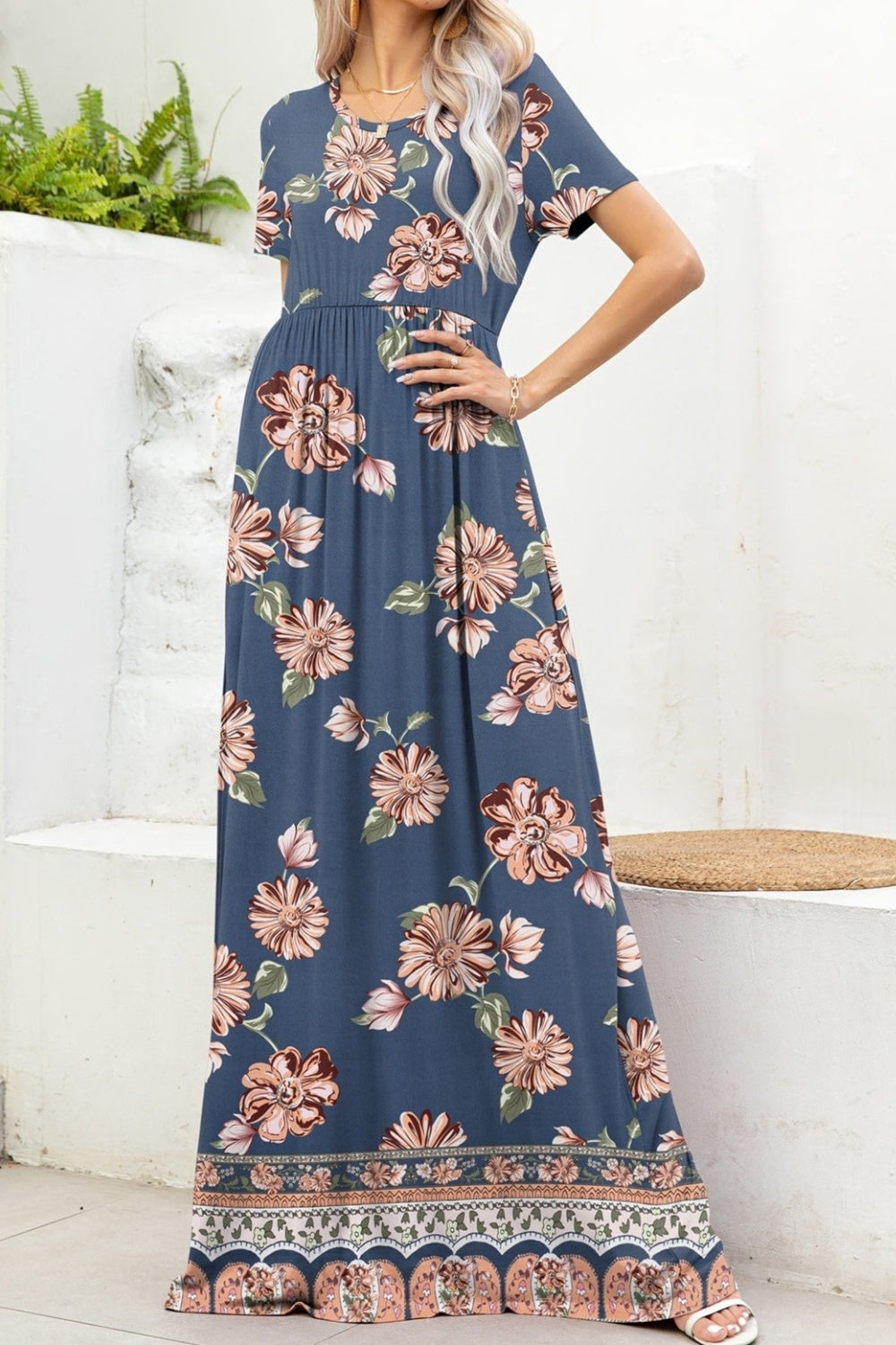 Printed Round Neck Short Sleeve Maxi Dress-TOPS / DRESSES-[Adult]-[Female]-2022 Online Blue Zone Planet