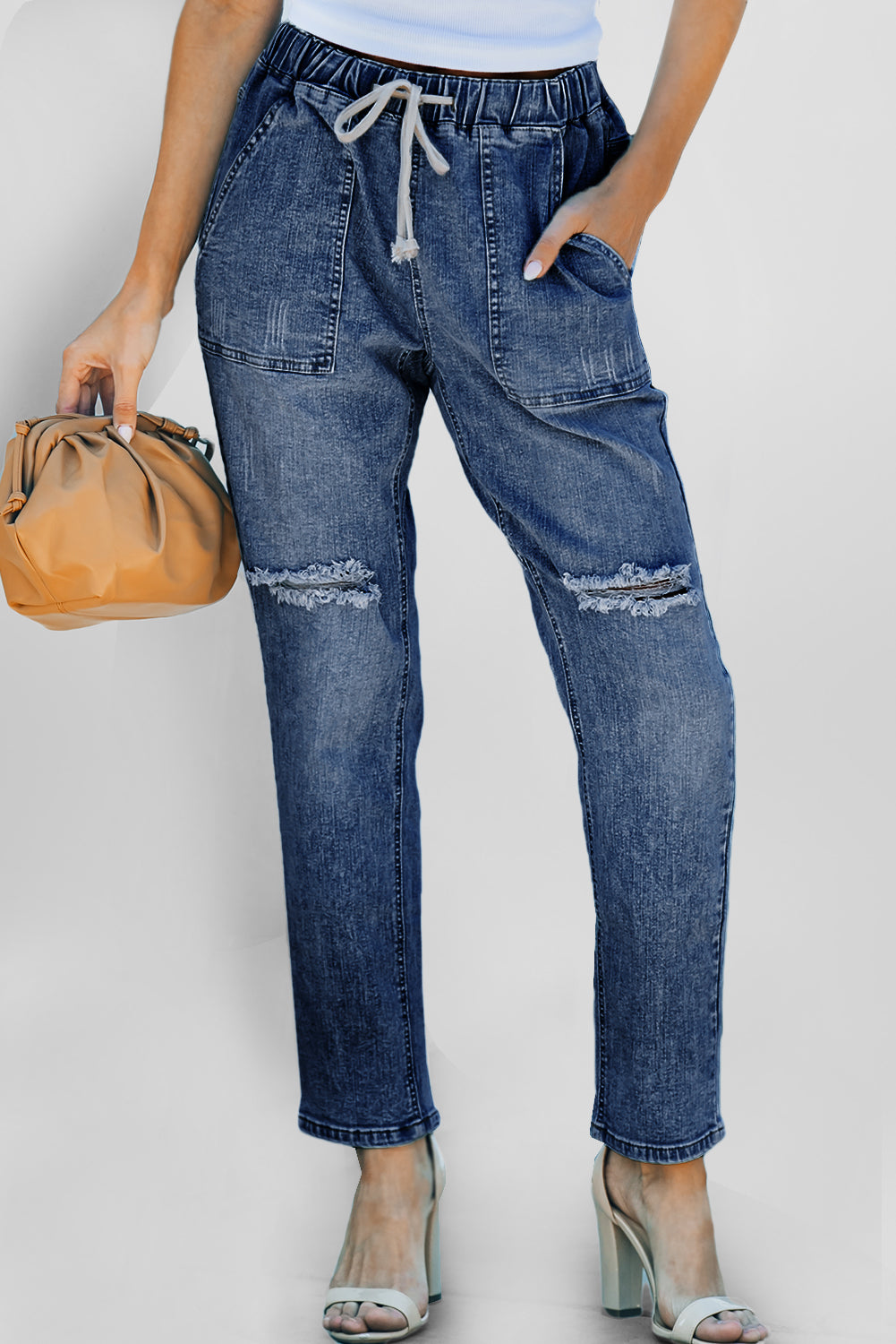 Dark Blue Gather Round Distressed Pocketed Denim Jogger-Bottoms/Jeans-[Adult]-[Female]-Blue-4-2022 Online Blue Zone Planet