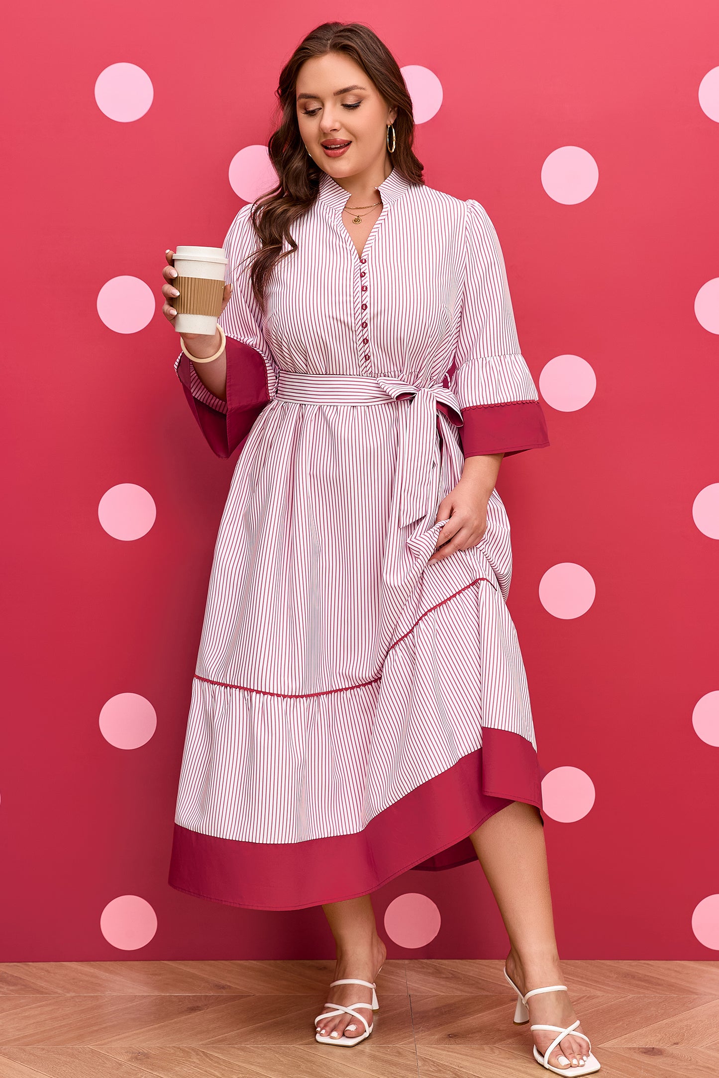 Red Stripe Plus Size Ruffled Hem Pinstriped Midi Dress-TOPS / DRESSES-[Adult]-[Female]-2022 Online Blue Zone Planet