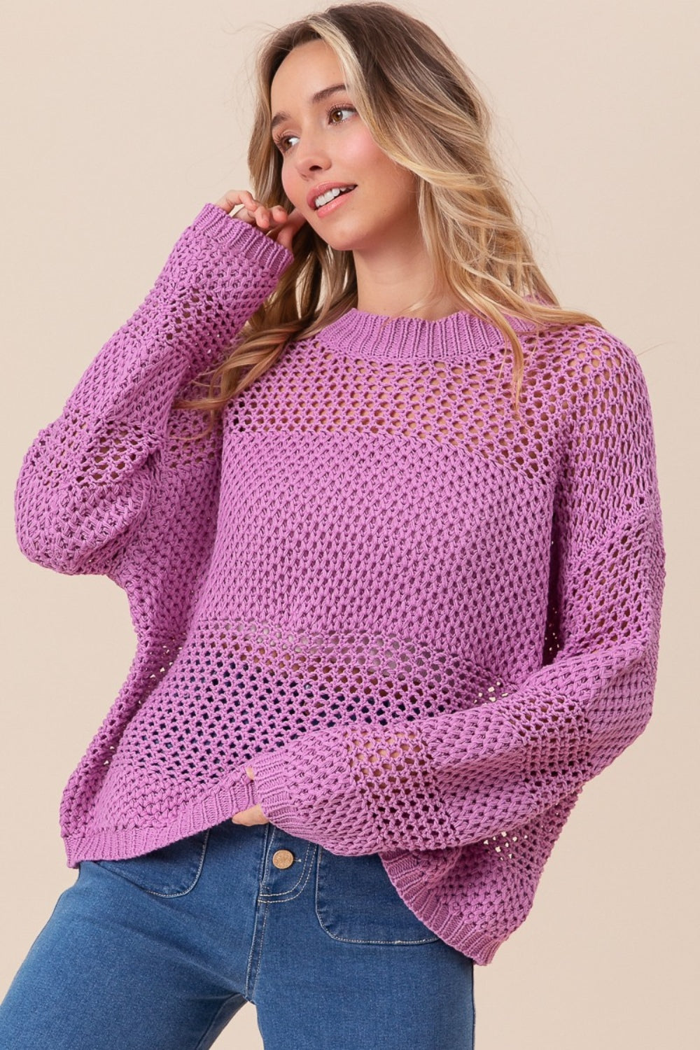 Blue Zone Planet | BiBi Openwork Long Sleeve Knit Top-TOPS / DRESSES-[Adult]-[Female]-2022 Online Blue Zone Planet