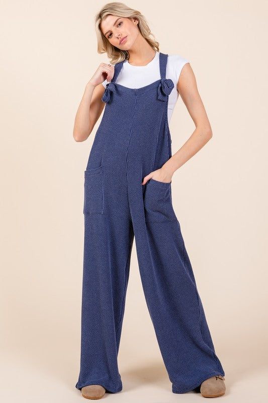 Blue Zone Planet | BOMBOM Knot Straps Wide Leg Ribbed Overalls with Pockets-BOTTOMS SIZES SMALL MEDIUM LARGE-[Adult]-[Female]-Navy-S-2022 Online Blue Zone Planet