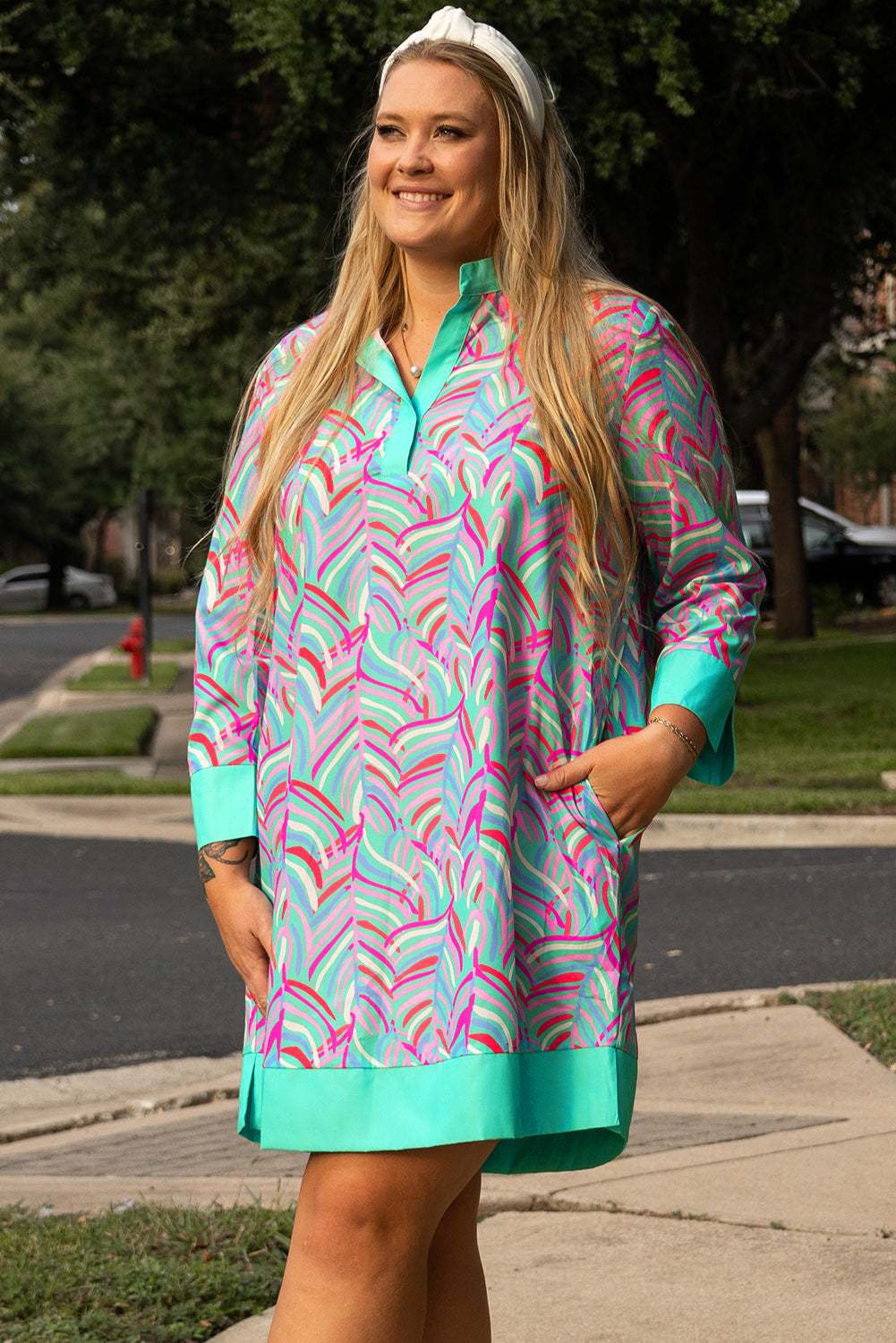 Blue Zone Planet | Green Plus Size Palm Pattern Long Sleeve Shift Dress-TOPS / DRESSES-[Adult]-[Female]-2022 Online Blue Zone Planet