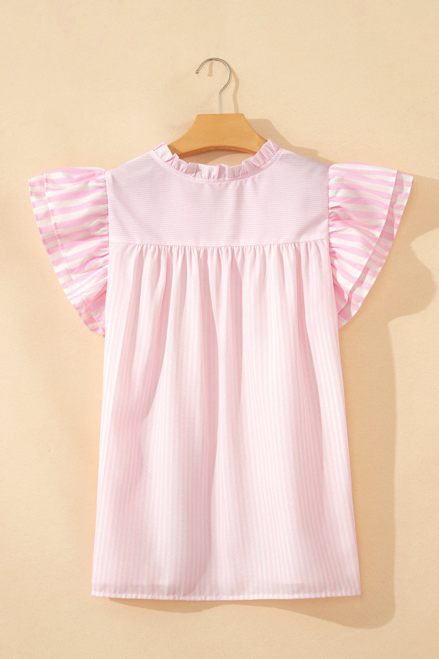Pink Stripe Contrast Trim V Neck Flutter Sleeve Blouse-Tops/Blouses & Shirts-[Adult]-[Female]-2022 Online Blue Zone Planet