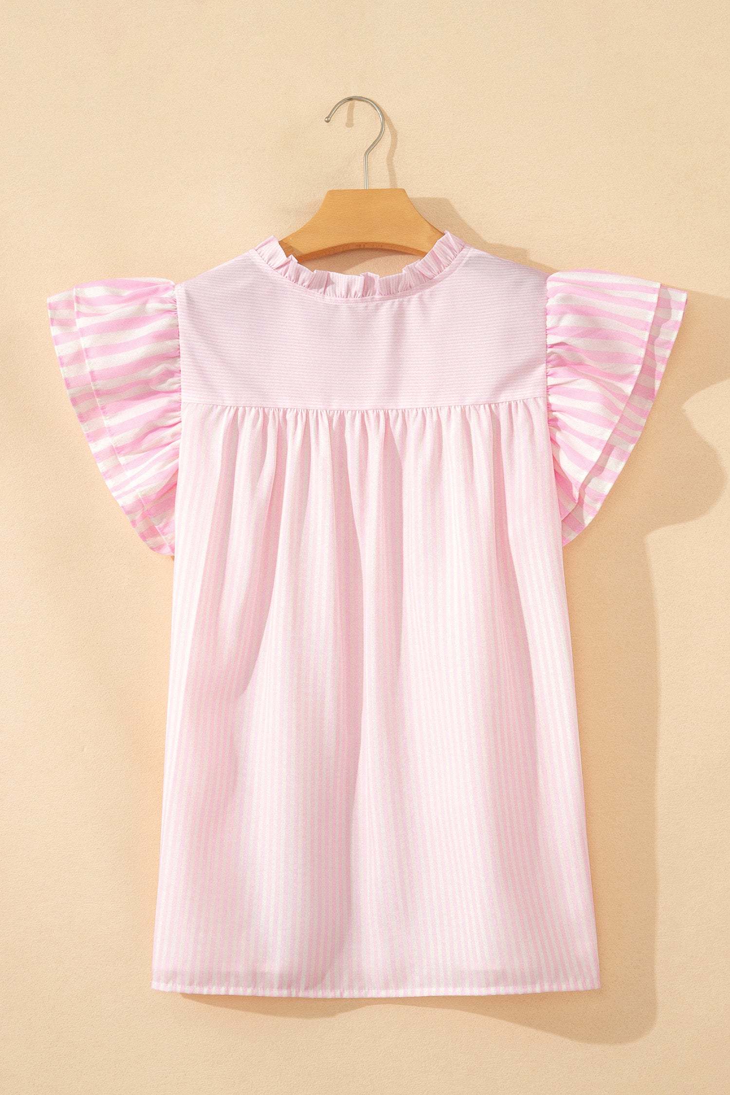 Pink Stripe Contrast Trim V Neck Flutter Sleeve Blouse-Tops/Blouses & Shirts-[Adult]-[Female]-2022 Online Blue Zone Planet