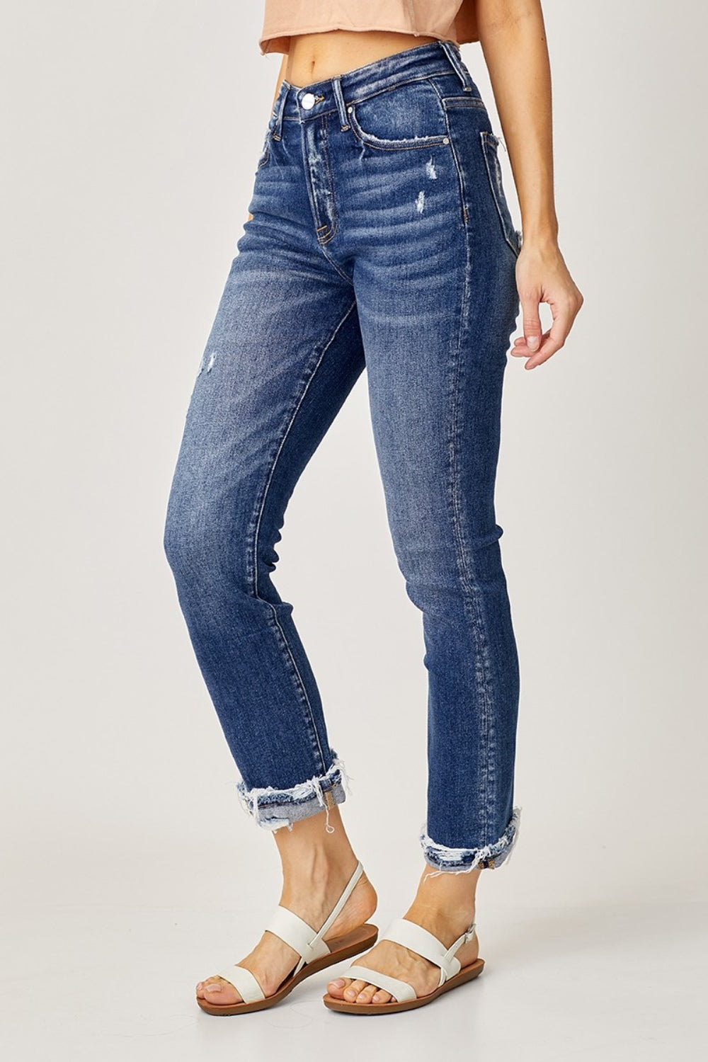 Blue Zone Planet | Risen Full Size High-Rise Frayed Cuffed Straight Jeans-BOTTOMS SIZES SMALL MEDIUM LARGE-[Adult]-[Female]-2022 Online Blue Zone Planet