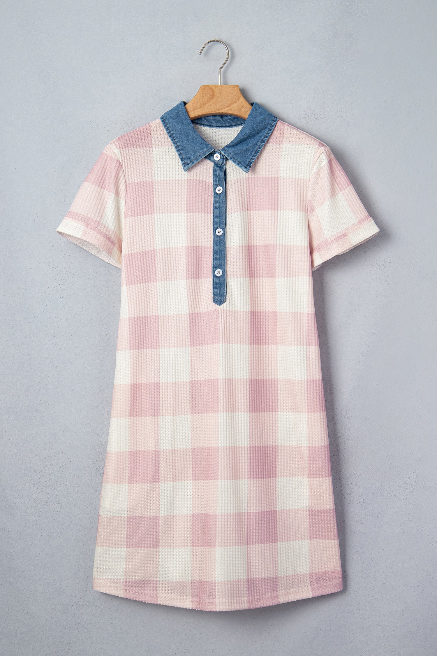 Pink Waffle Plaid Print Contrast Denim Shirt Collar Buttoned T Shirt Mini Dress-TOPS / DRESSES-[Adult]-[Female]-2022 Online Blue Zone Planet