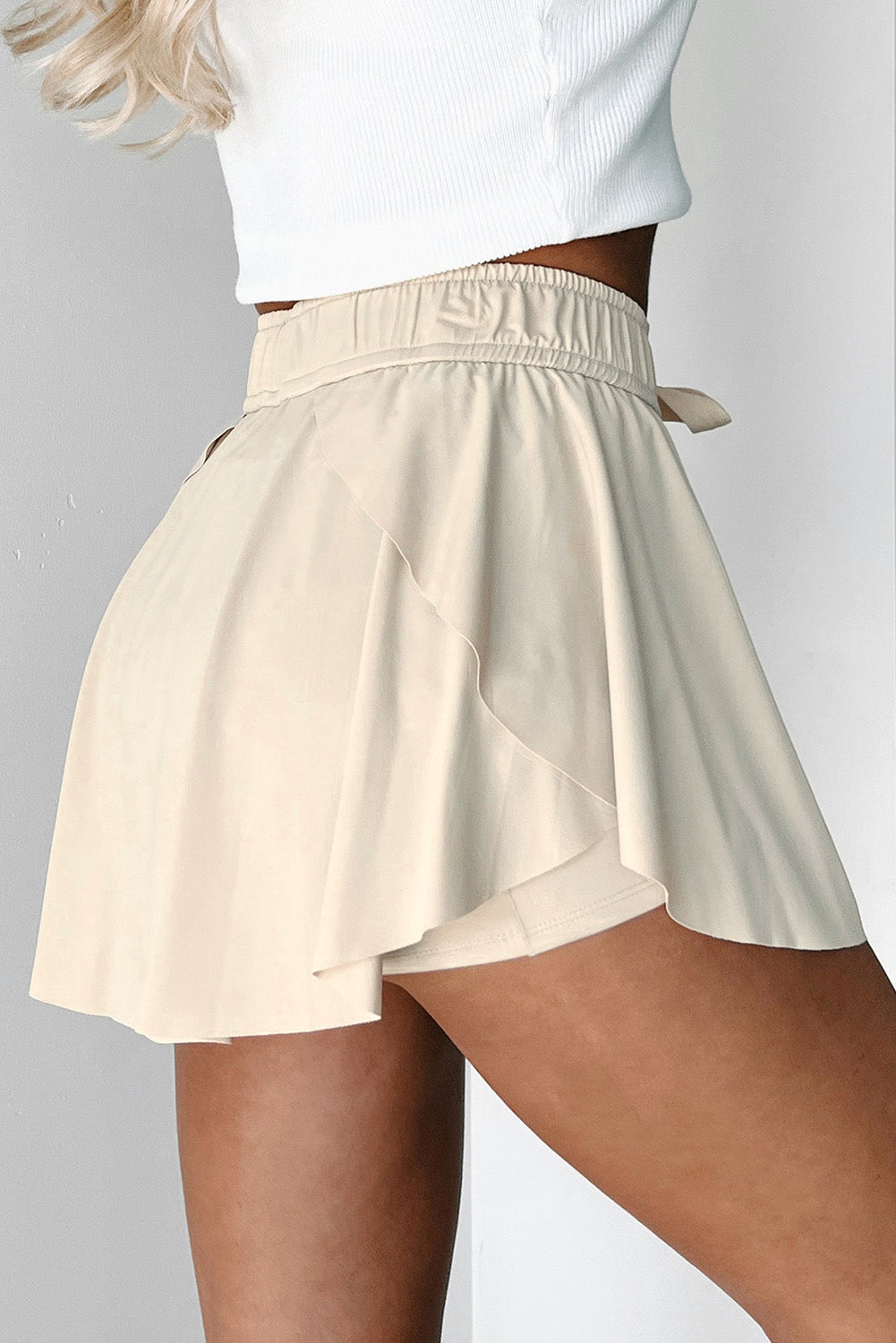 Beige Drawstring High Waist Lined Tennis Skorts-Bottoms/Casual Shorts-[Adult]-[Female]-2022 Online Blue Zone Planet