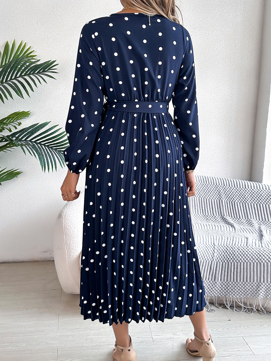 Blue Zone Planet | Tied Polka Dot Long Sleeve Midi Dress-TOPS / DRESSES-[Adult]-[Female]-2022 Online Blue Zone Planet