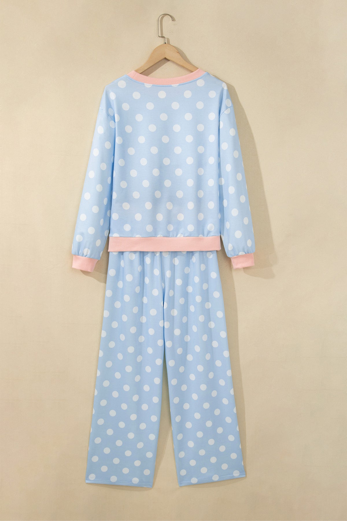 Pink Polka Dot Contrast Trim Long Sleeve Top Drawstring Shift Pants Set-Two Piece Sets/Pant Sets-[Adult]-[Female]-2022 Online Blue Zone Planet