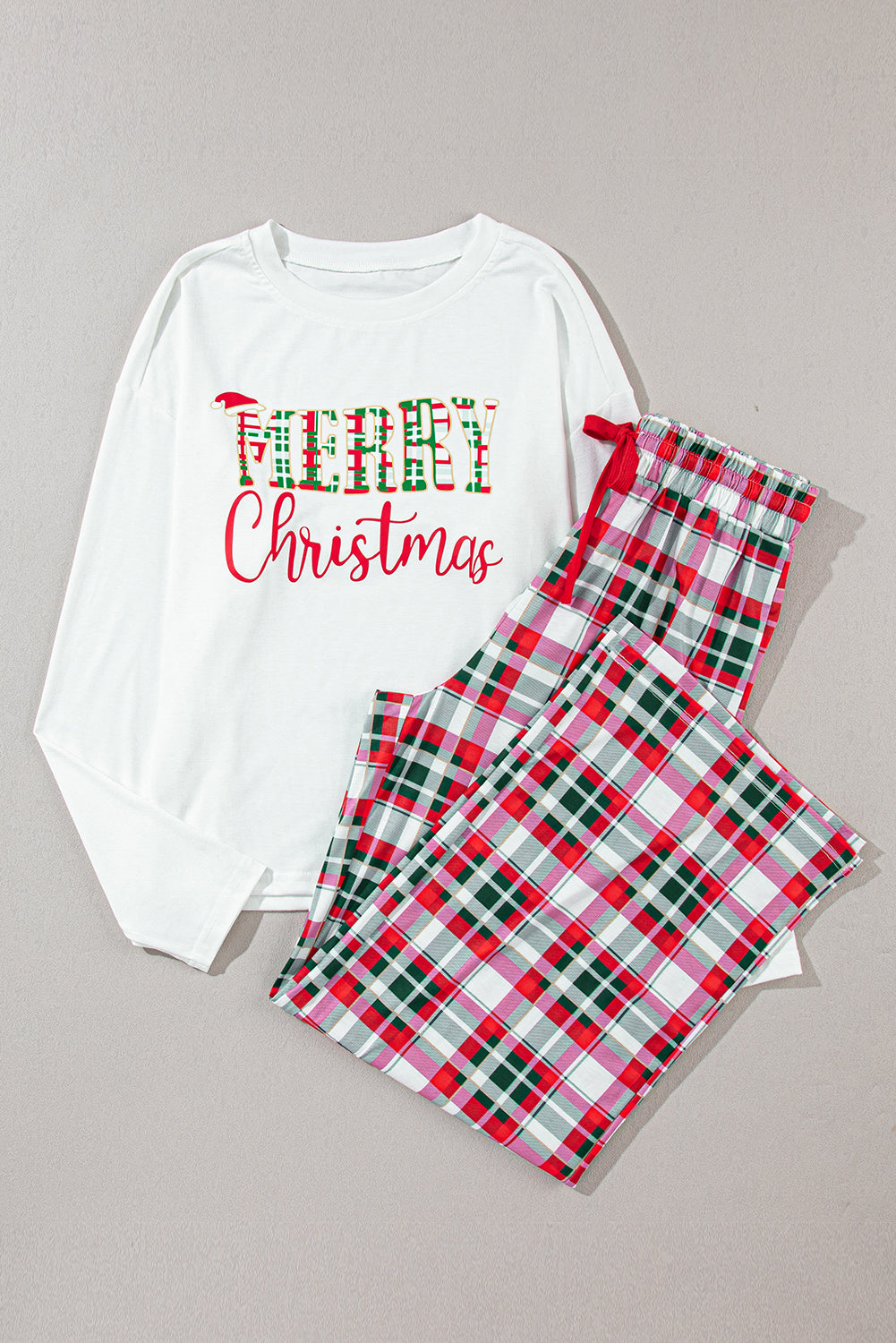 MERRY CHRISTMAS Round Neck Top and Plaid Pants Set-TOPS / DRESSES-[Adult]-[Female]-2022 Online Blue Zone Planet