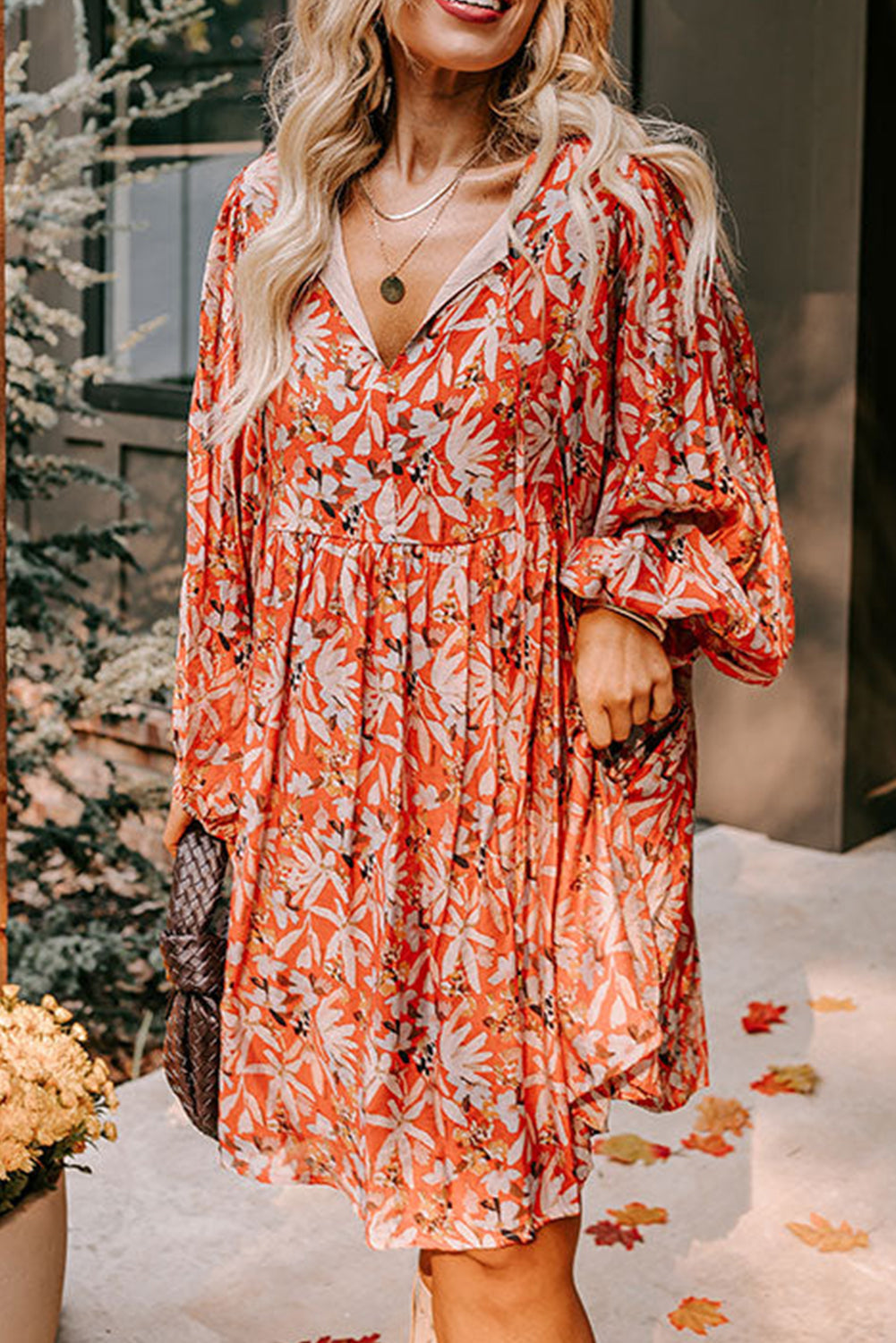 Blue Zone Planet |  Orange Floral Print Split V Neck Bubble Sleeve Plus Size Midi Dress