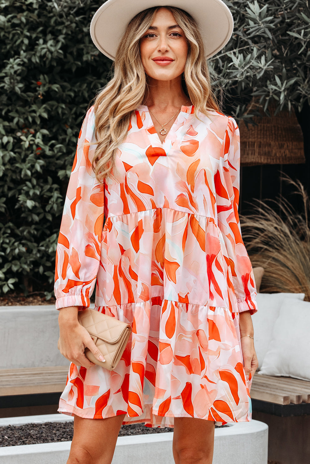 Orange Abstract Print Split Neck Long Sleeve Dress-TOPS / DRESSES-[Adult]-[Female]-2022 Online Blue Zone Planet