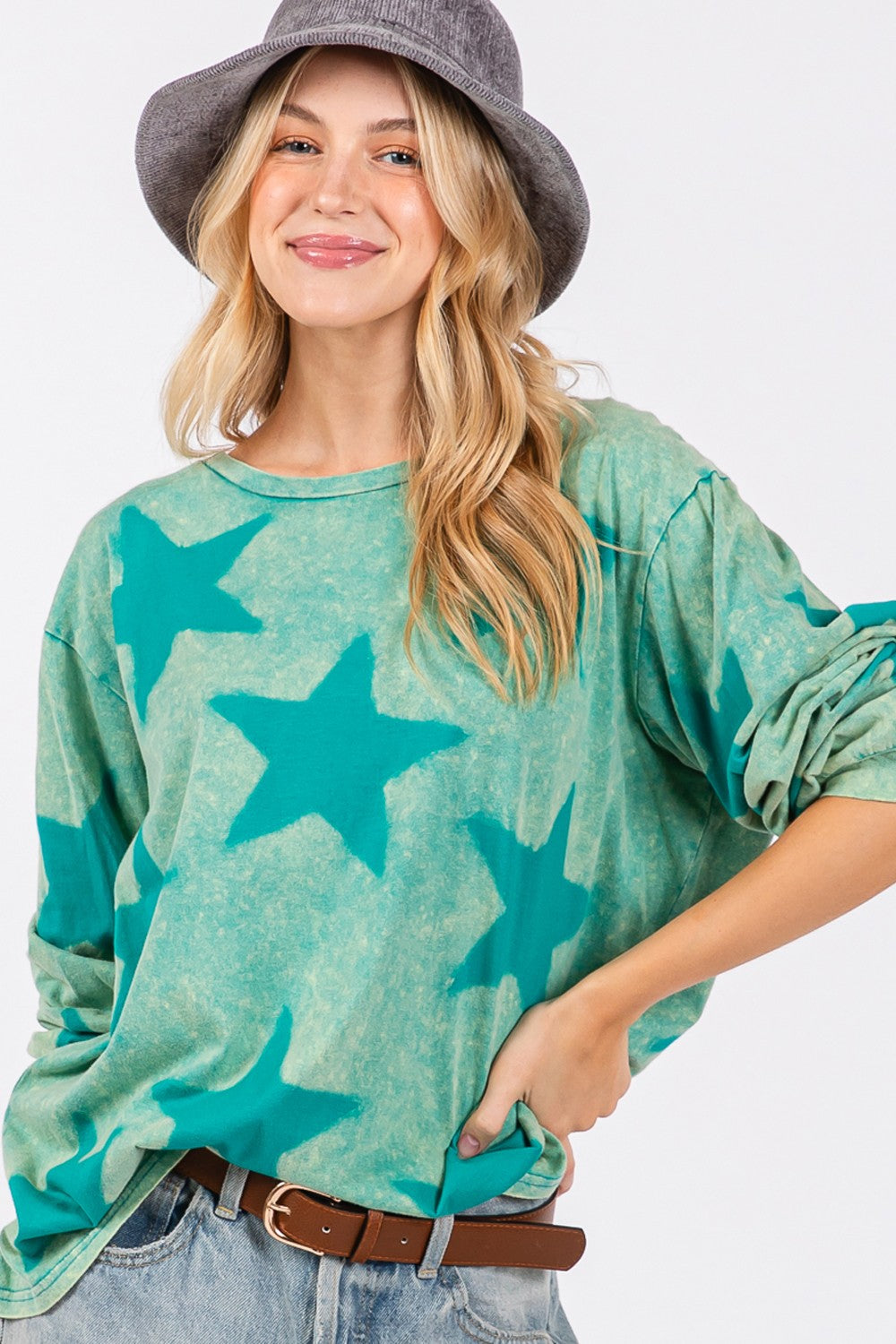 Blue Zone Planet | SAGE + FIG Mineral Wash Star Pattern T-Shirt-TOPS / DRESSES-[Adult]-[Female]-Turquoise-S-2022 Online Blue Zone Planet