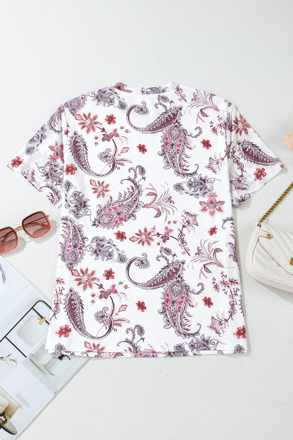 White Vintage Paisley Mock Neck T Shirt-Tops/Tops & Tees-[Adult]-[Female]-2022 Online Blue Zone Planet