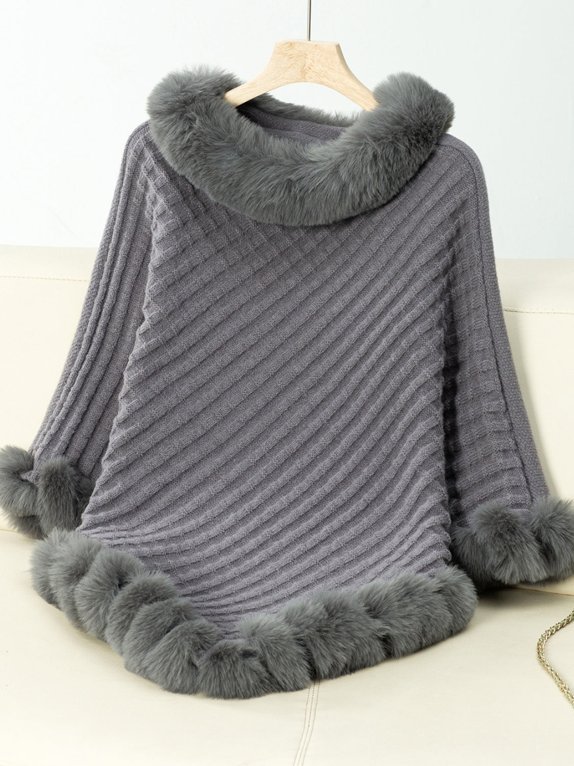 Fuzzy Trim Texture Three-Quarter Sleeve Poncho-TOPS / DRESSES-[Adult]-[Female]-Dark Gray-One Size-2022 Online Blue Zone Planet