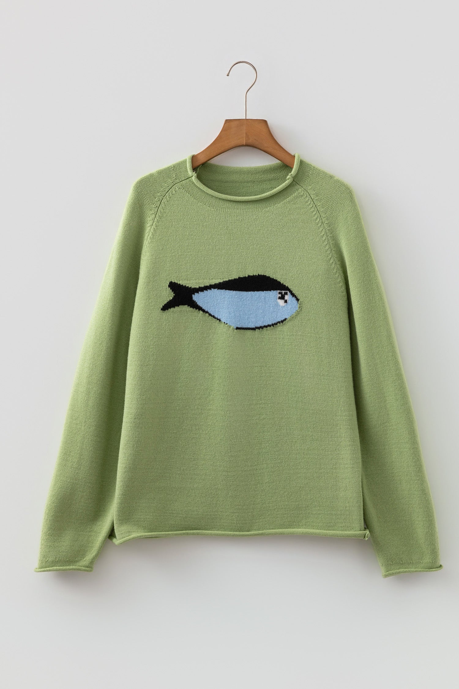 Meadow Mist Green Unique Fish Knit Oversized Round Neck Sweater-Sweaters & Cardigans/Sweaters-[Adult]-[Female]-2022 Online Blue Zone Planet