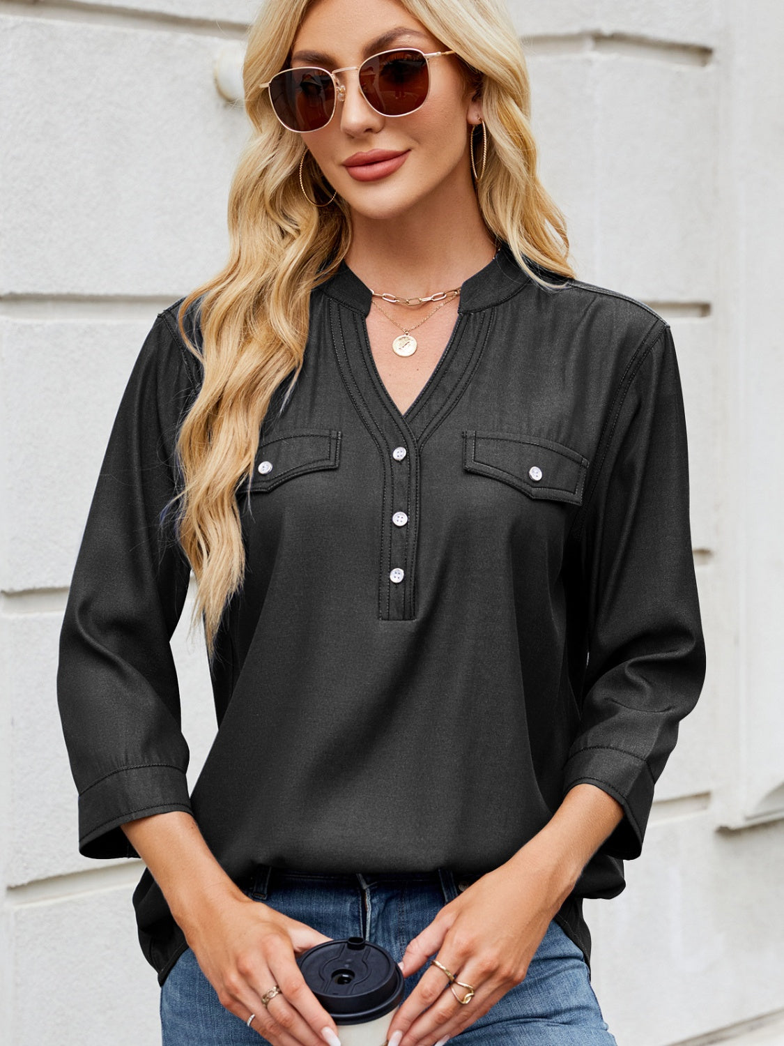 Notched Three-Quarter Sleeve Denim Top-TOPS / DRESSES-[Adult]-[Female]-Black-S-2022 Online Blue Zone Planet