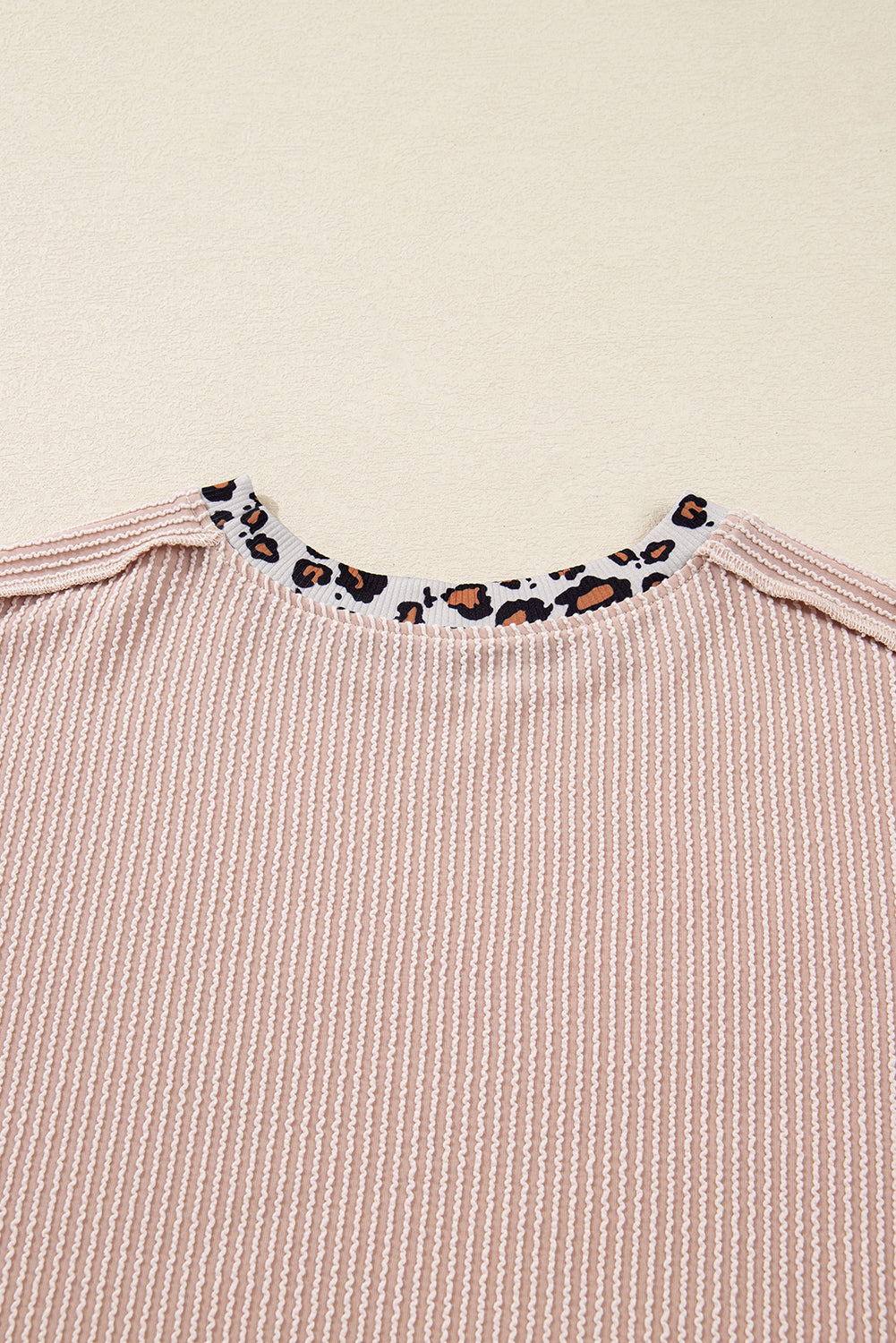 Beige Twist Ribbed Leopard Color Block Detail Drop Shoulder Long Sleeve Top-Tops/Long Sleeve Tops-[Adult]-[Female]-2022 Online Blue Zone Planet