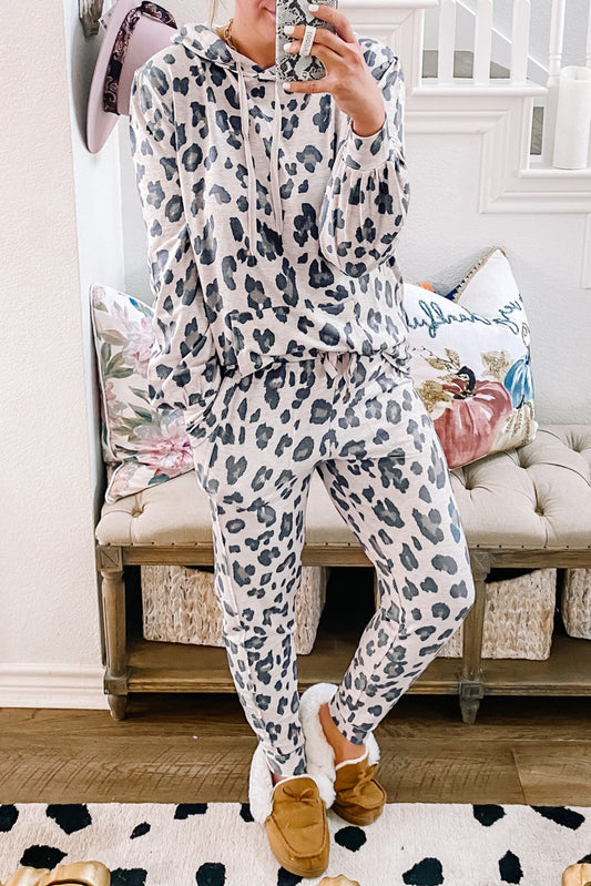 Khaki Leopard Print Drawstring Hoodie and Skinny Pants Lounge Set-Loungewear & Sleepwear/Loungewear-[Adult]-[Female]-Khaki-S-2022 Online Blue Zone Planet