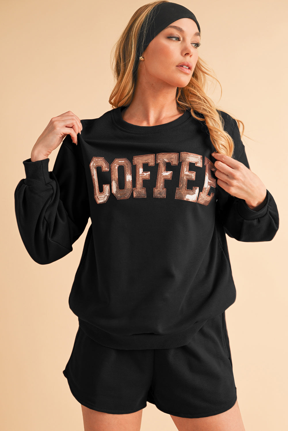 Straw Yellow Sequins COFFEE Loose Fit Sweatshirt and Shorts Set-Two Piece Shorts Sets-[Adult]-[Female]-2022 Online Blue Zone Planet