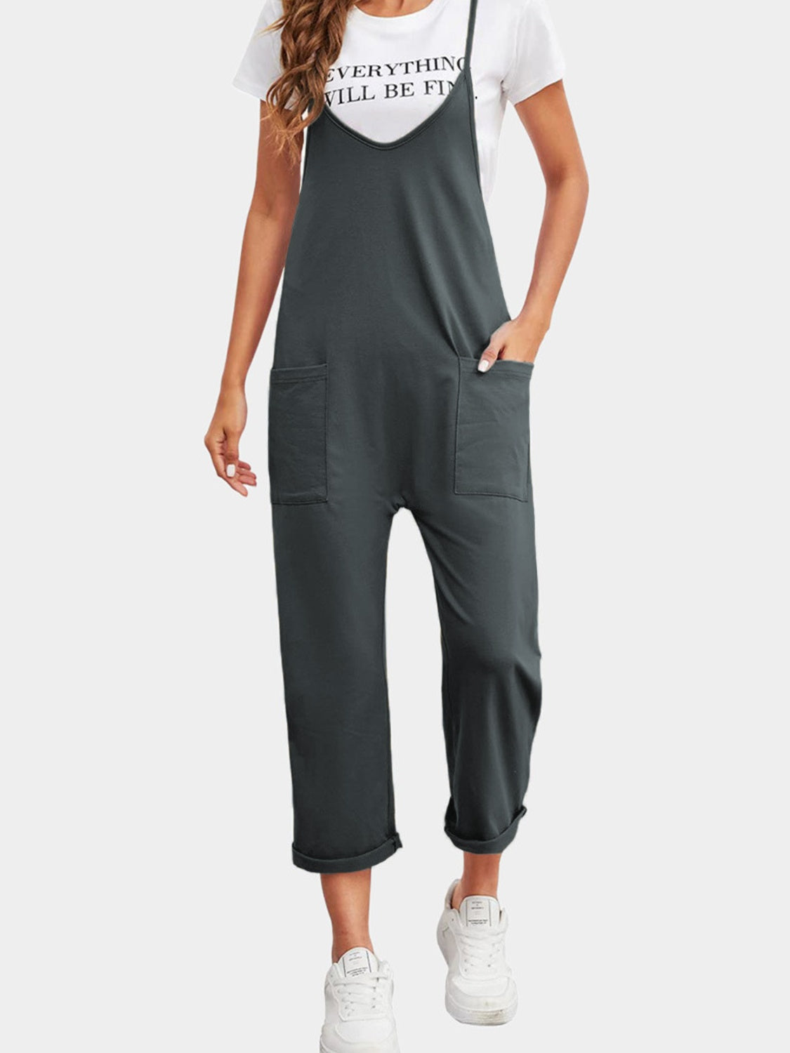 Full Size Spaghetti Strap Straight Leg Jumpsuit with Pockets-[Adult]-[Female]-Dark Gray-S-2022 Online Blue Zone Planet