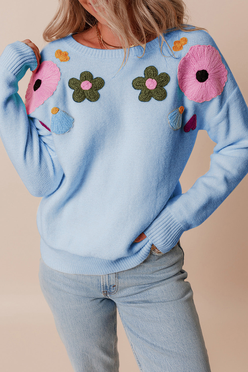 Crochet Flower Round Neck Dropped Shoulder Sweater-TOPS / DRESSES-[Adult]-[Female]-2022 Online Blue Zone Planet