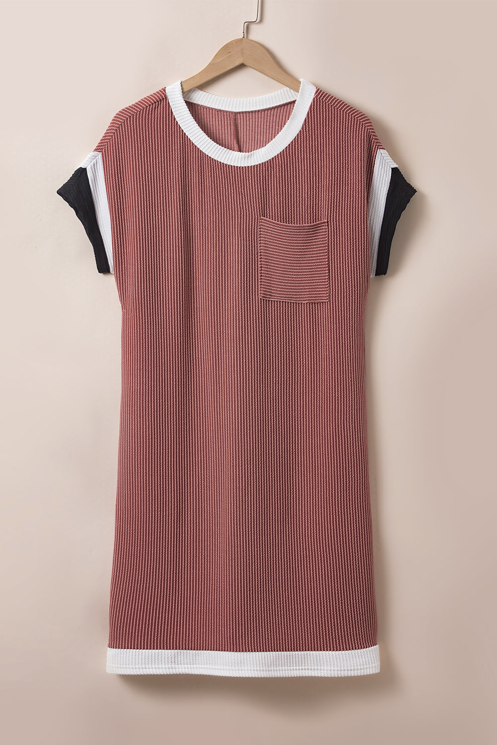 Rose Red Textured Colorblock Edge Patched Pocket T Shirt Dress Blue Zone Planet