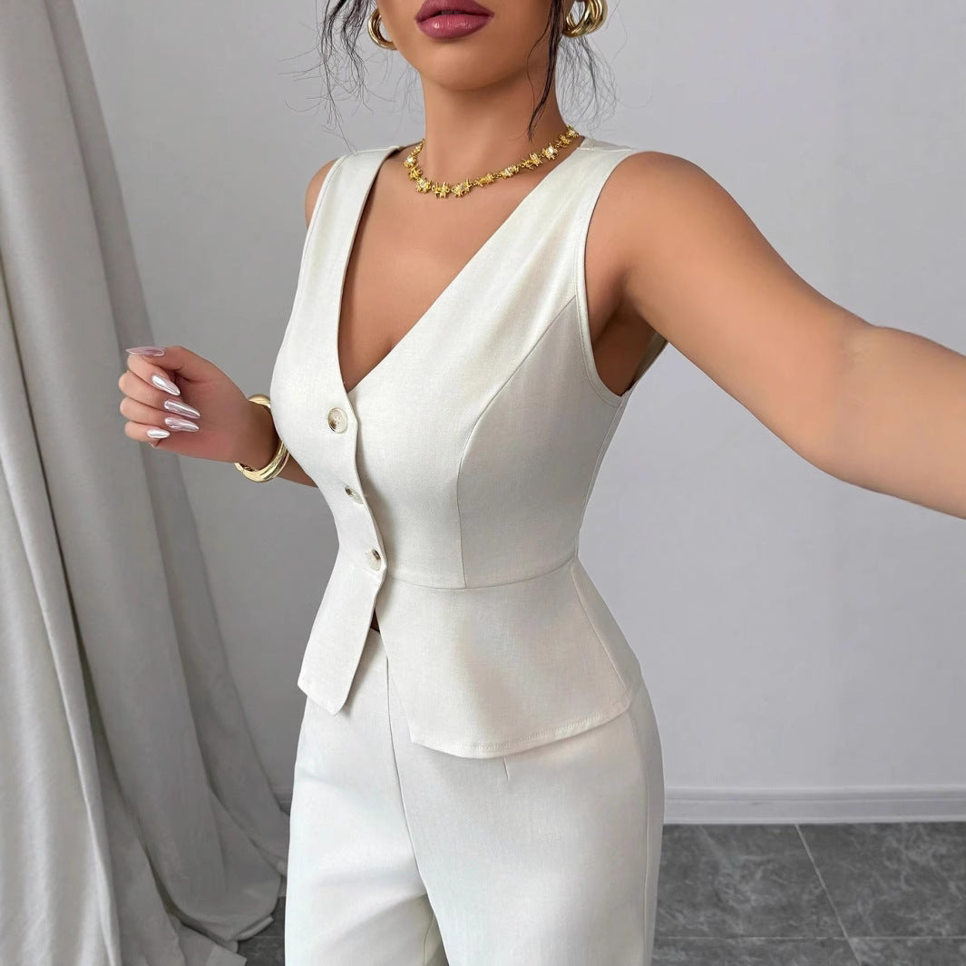 A two-piece set of solid color sleeveless slimming waistcoat and high-waisted trousers for women's clothing