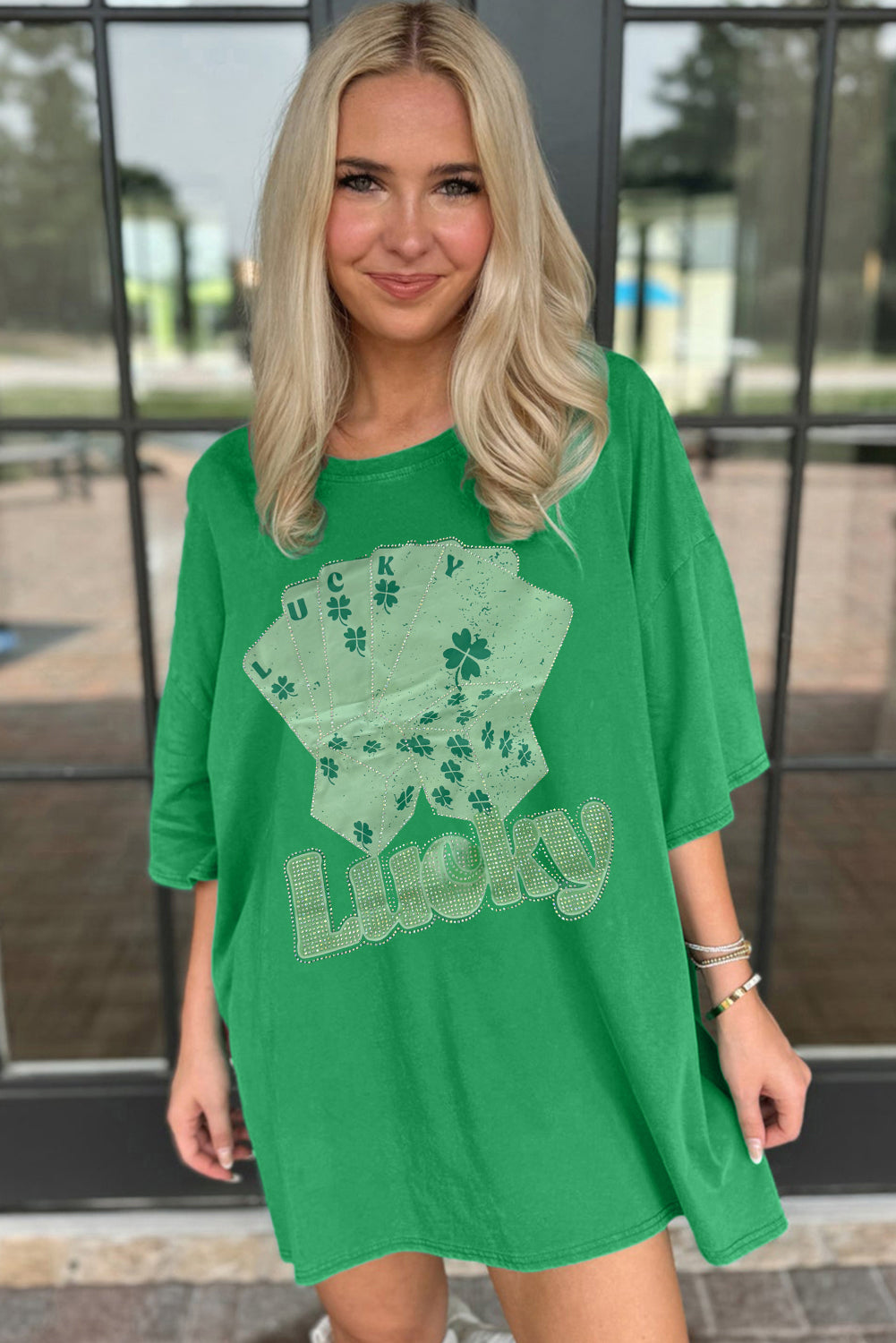 Bright Green Rhinestone Lucky Poker Cards Oversized T Shirt Mini Dress-TOPS / DRESSES-[Adult]-[Female]-2022 Online Blue Zone Planet