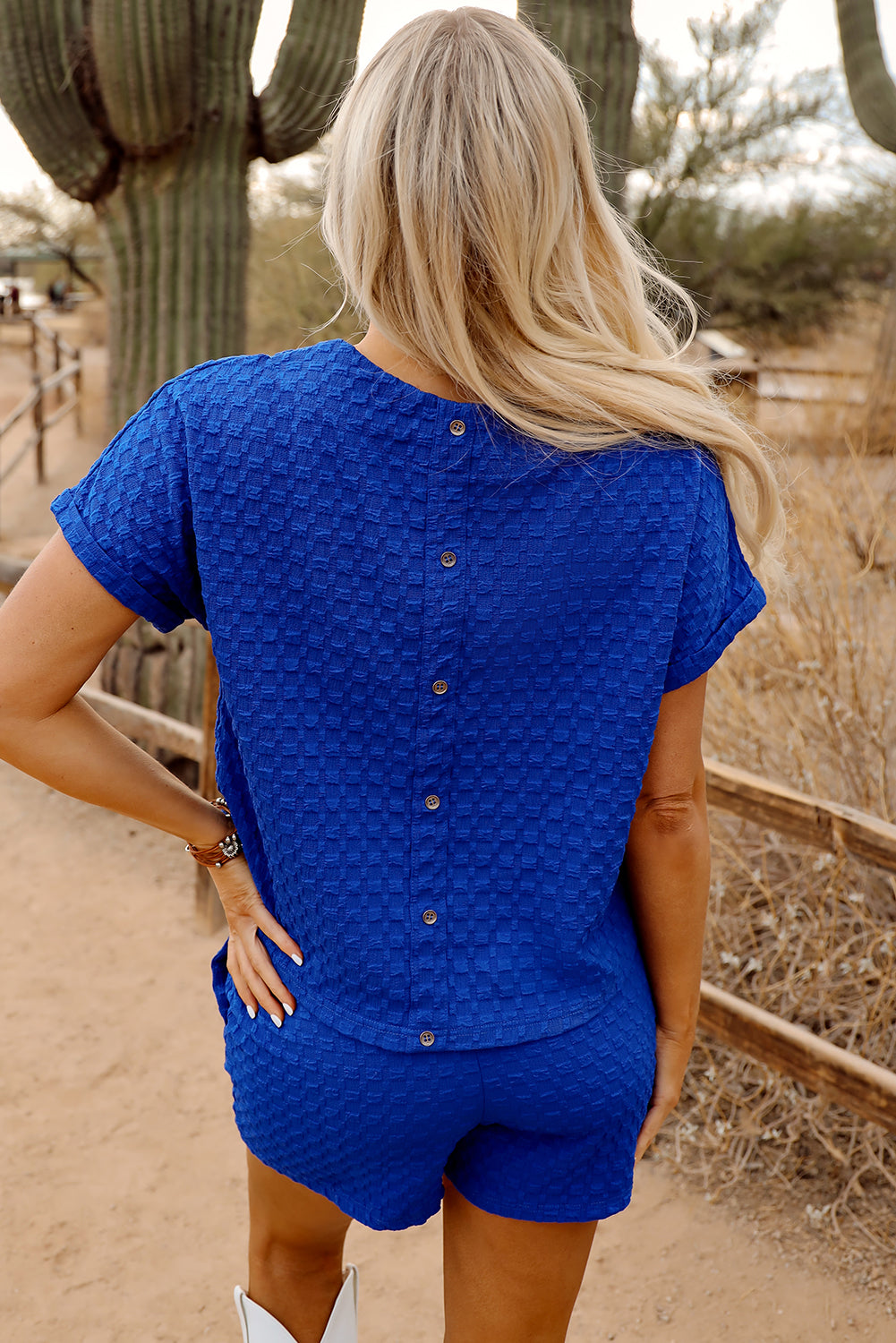 Blue Zone Planet | Sky Blue Jacquard Textured Buttoned Tee and Shorts Set-Two Piece Sets/Short Sets-[Adult]-[Female]-2022 Online Blue Zone Planet