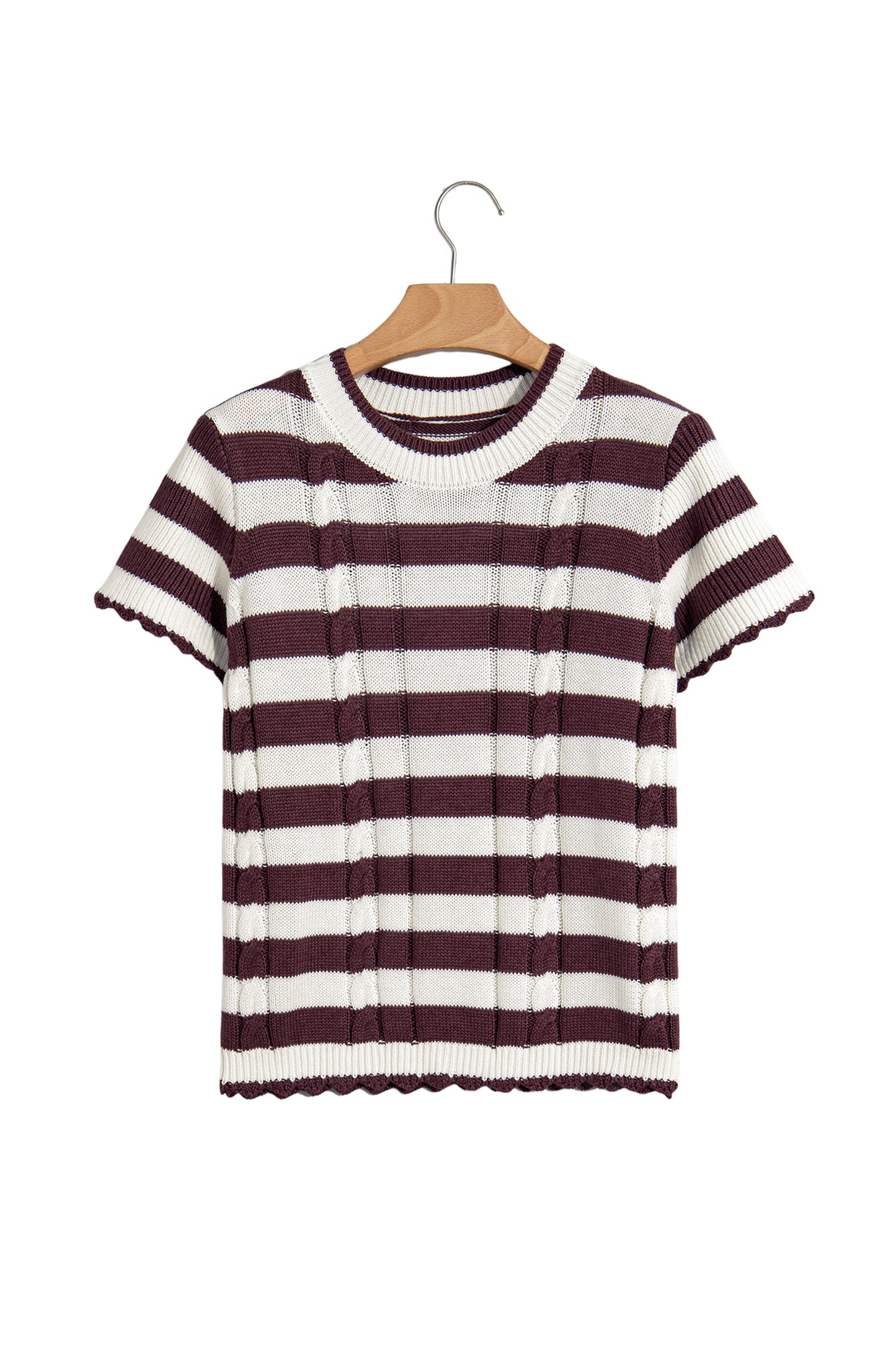Brown Stripe Ribbed Knit Cable Detail Short Sleeve Sweater-TOPS / DRESSES-[Adult]-[Female]-2022 Online Blue Zone Planet