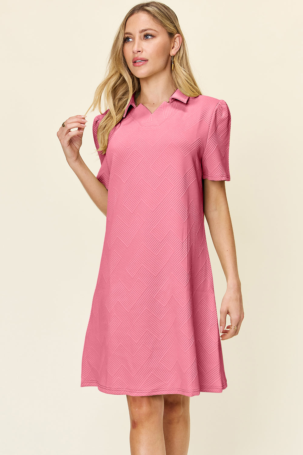 Blue Zone Planet | Double Take Full Size Texture Collared Neck Short Sleeve Dress-TOPS / DRESSES-[Adult]-[Female]-Pink-S-2022 Online Blue Zone Planet