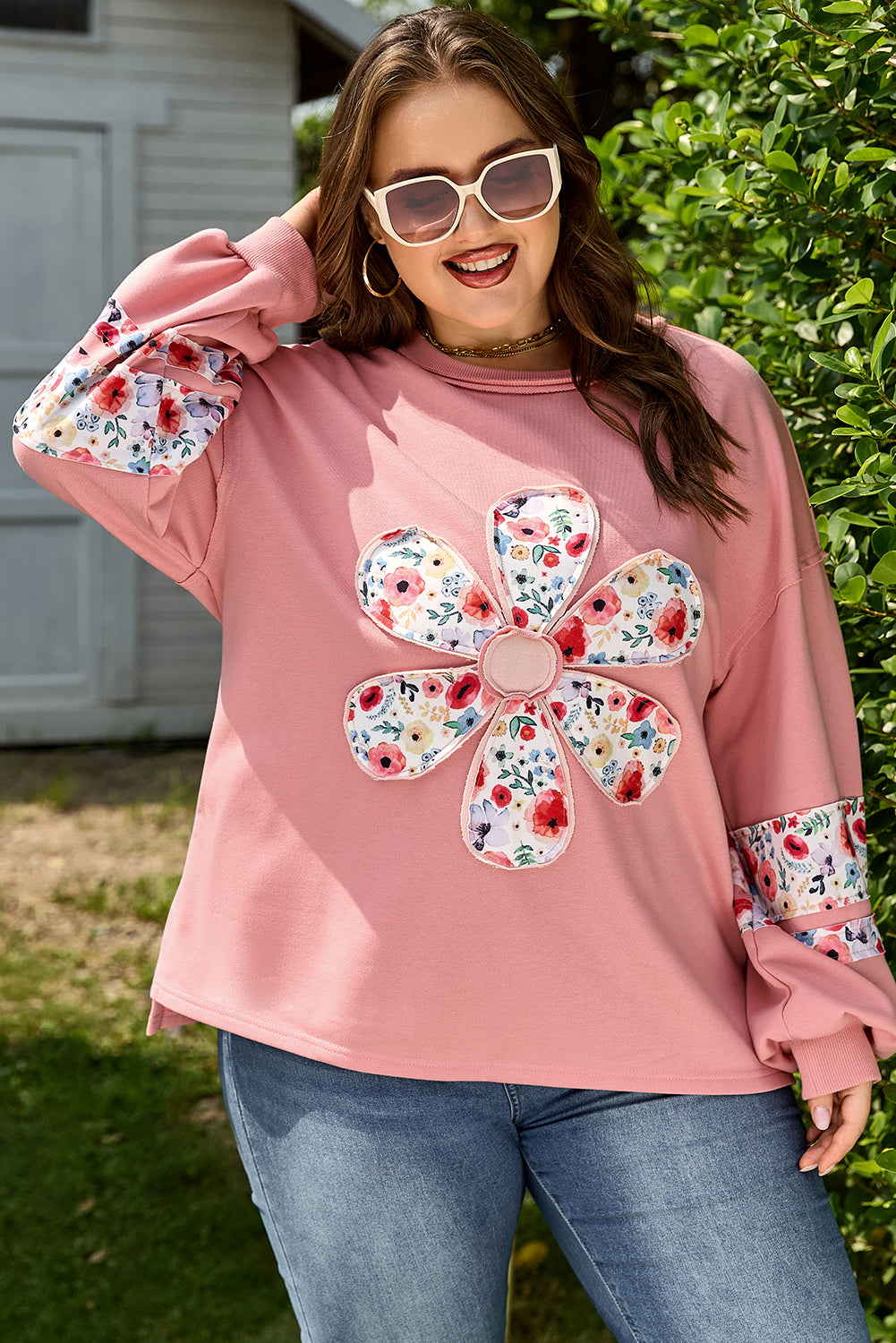 Peach Blossom Plus Size Floral Applique Drop Shoulder Sweatshirt-Plus Size/Plus Size Sweatshirts & Hoodies-[Adult]-[Female]-2022 Online Blue Zone Planet