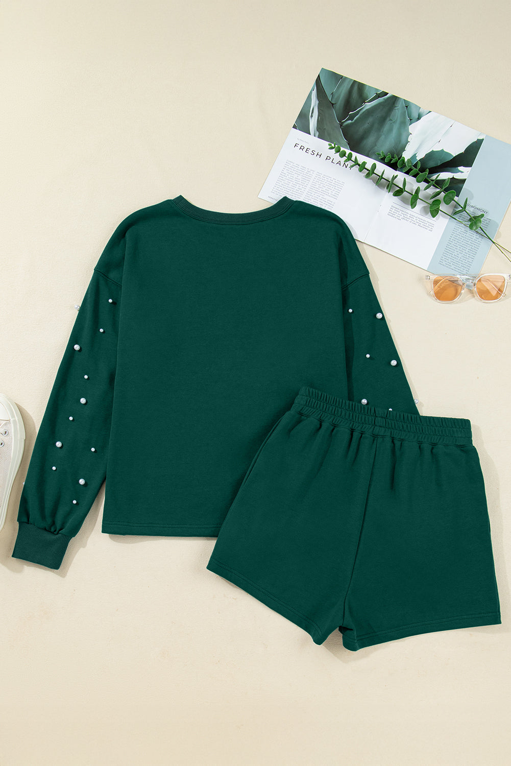 Dark Green Pearl Embellished Drop Shoulder Pullover Elastic Waist Mini Skirt Set-Two Piece Sets/Two Piece Dresses-[Adult]-[Female]-2022 Online Blue Zone Planet
