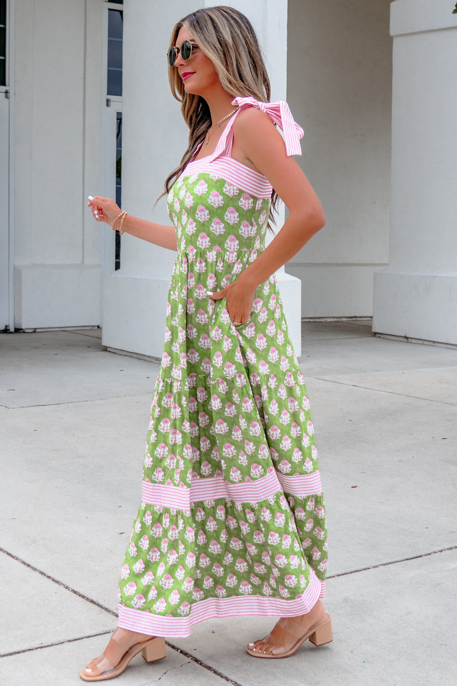 Green Floral Print Striped Detail Knot Straps Maxi Dress-TOPS / DRESSES-[Adult]-[Female]-2022 Online Blue Zone Planet